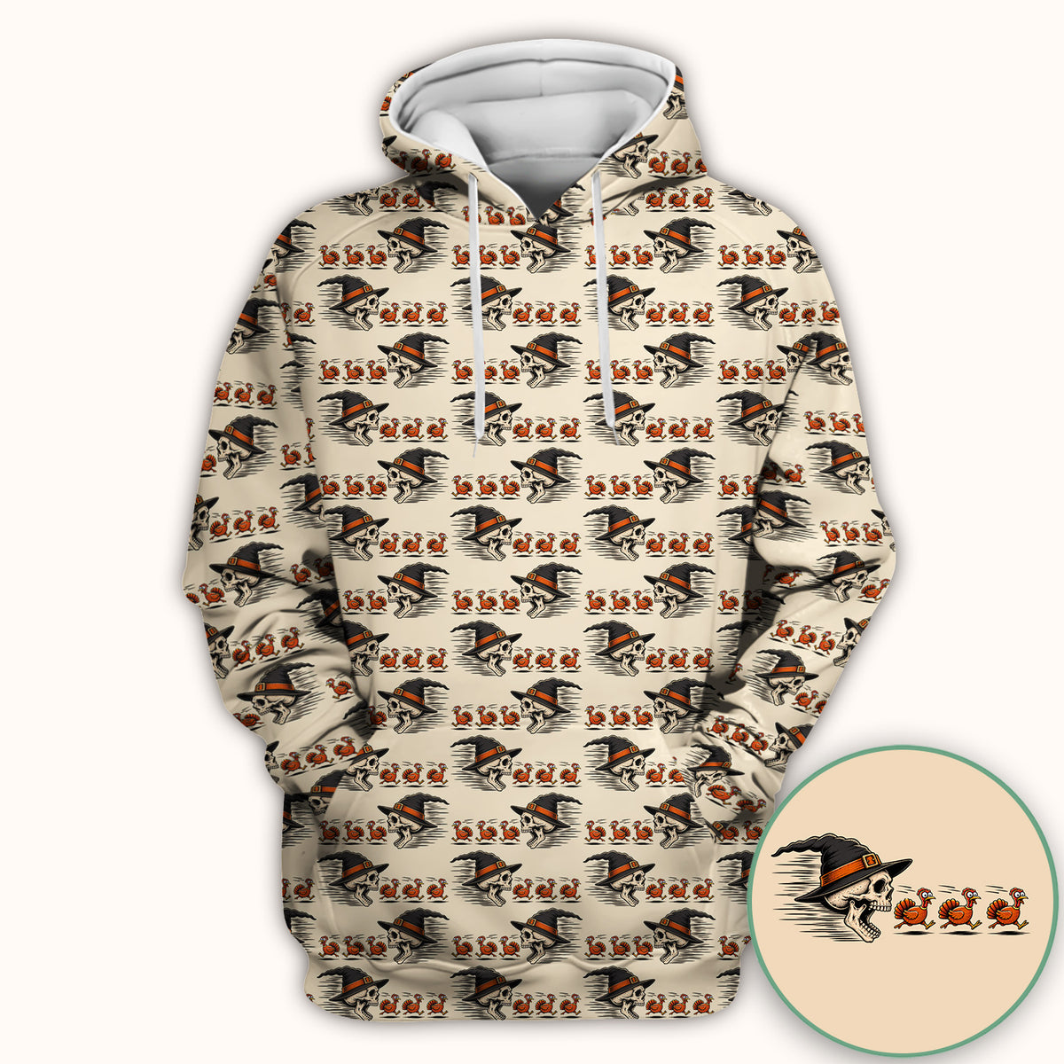 Funny Thanksgiving Skull Chasing Turkeys Pattern Scrub Top, Comfortable Scrubs for Nurses