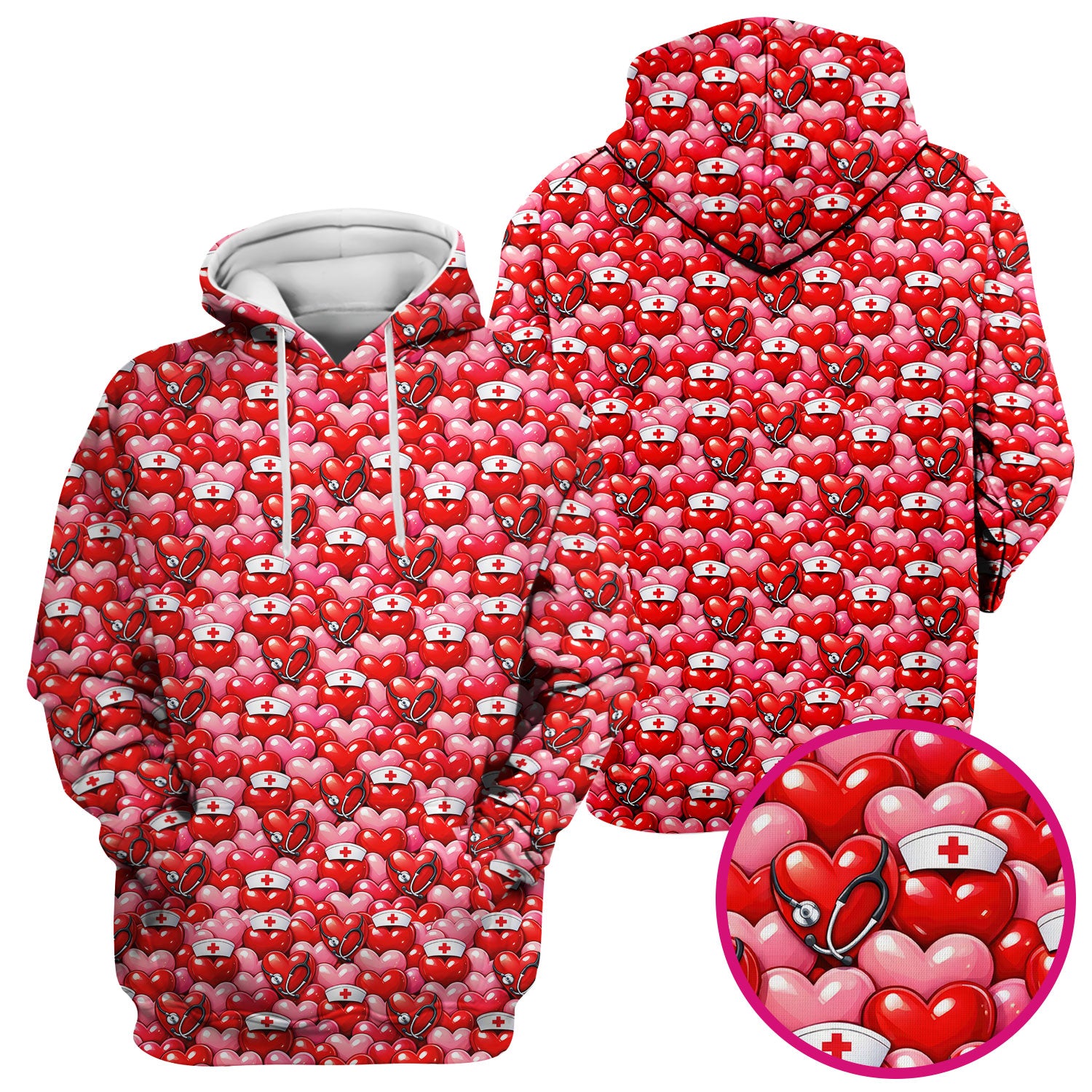 Valentine Pattern Nurse Scrub Top, Heart With Stethoscope Love Medical Shirt For Women, Breathable Fabrics Nursing Uniform