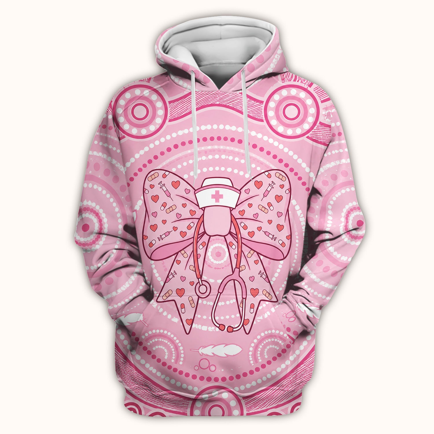 Pink Nurse Bow Stethoscope Pattern Scrub Top, Comfortable Scrubs for Nurses