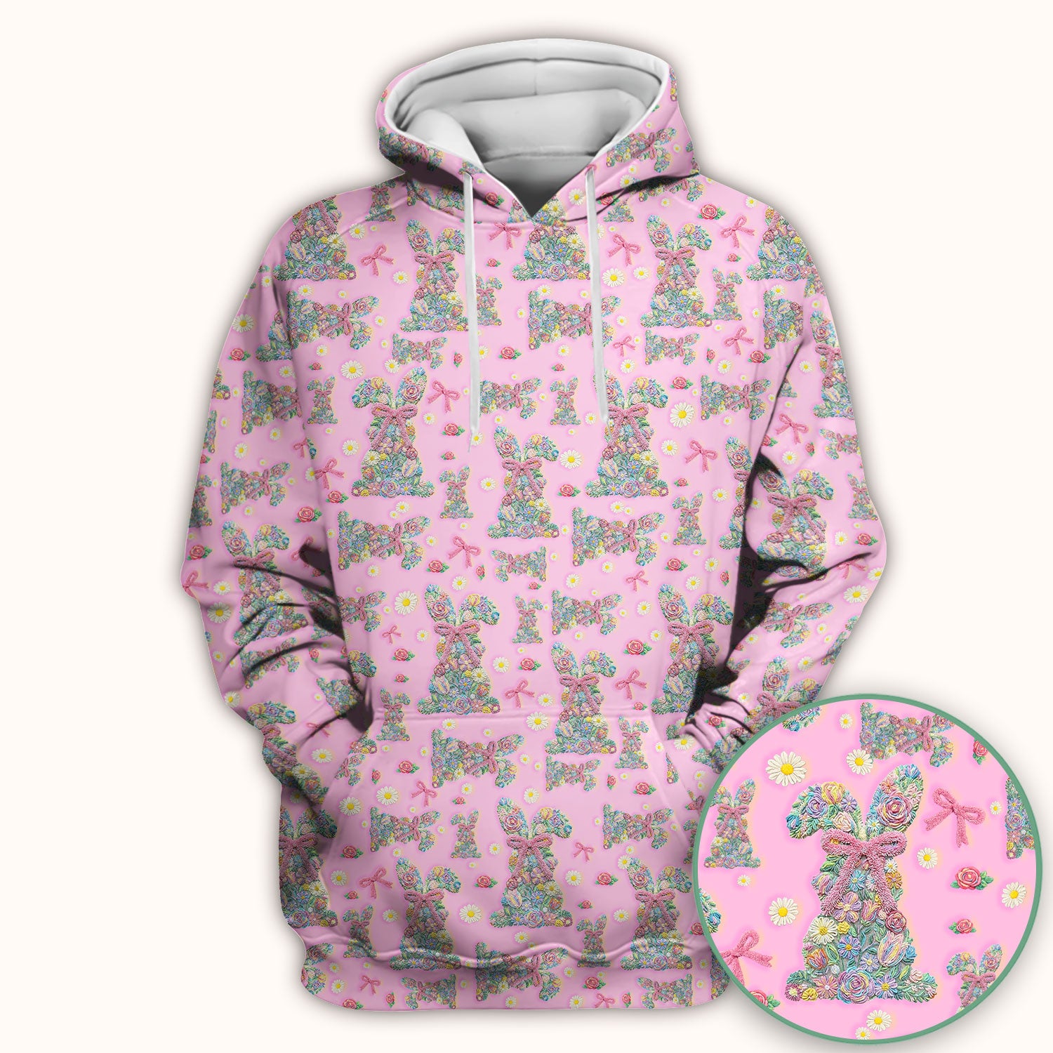 Colorful Floral Bunny with Pink Bow Pattern Scrub Top, Breathable Fabrics Nursing Uniform, Easter