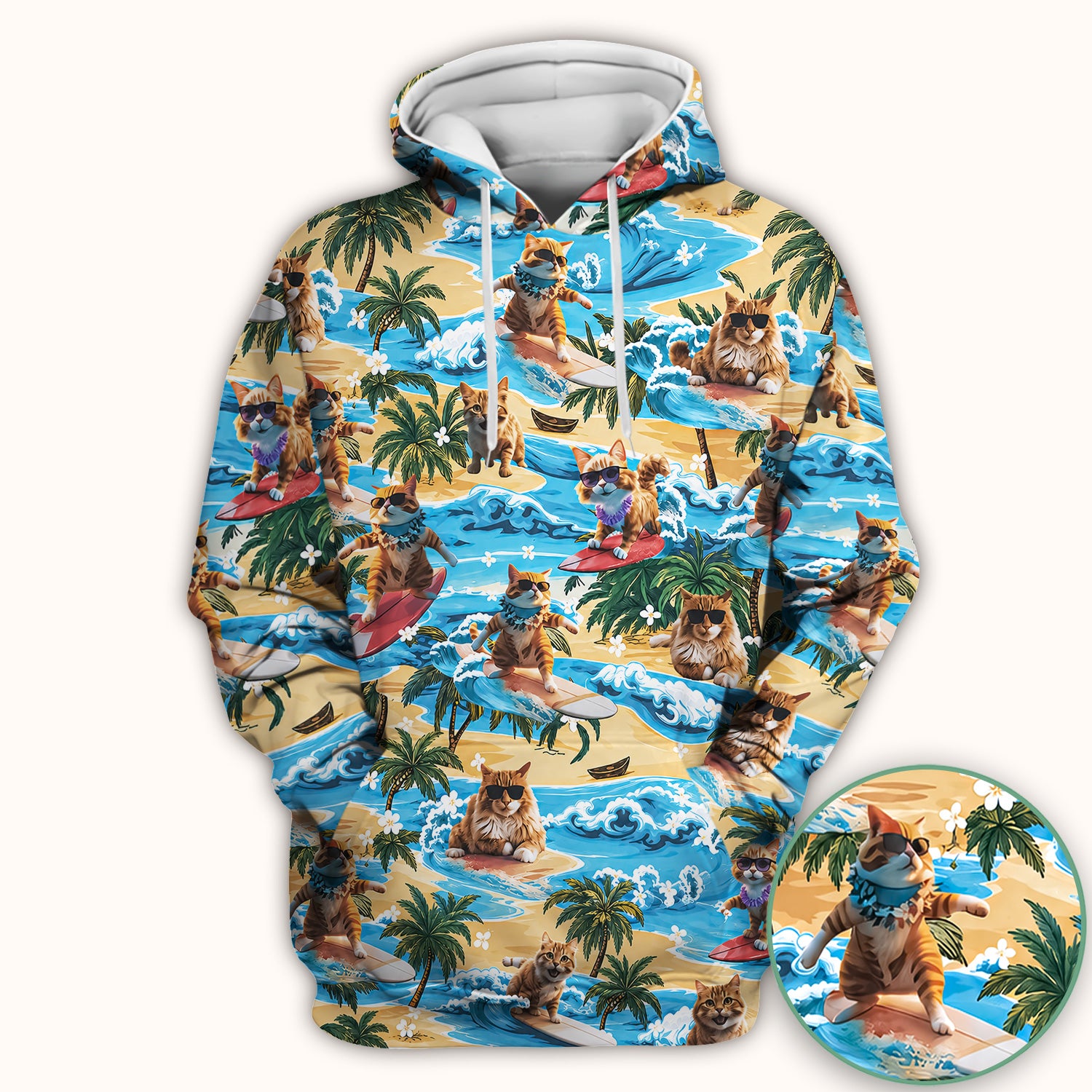 Tropical Surfing Cat with Beach Wave Island Print Scrub Top, Comfortable Scrubs for Nurses