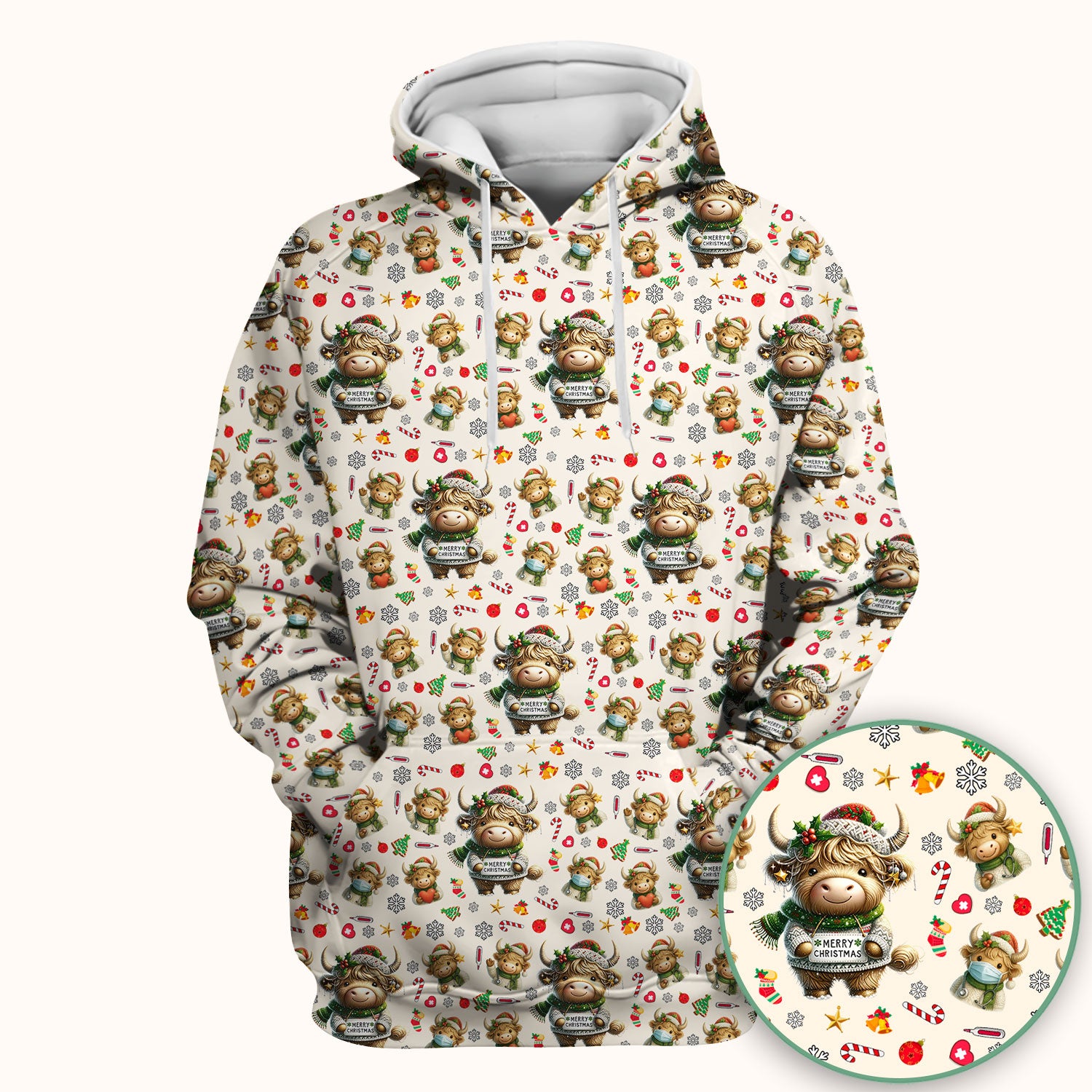 Highland Cow Christmas Scrub Top, Festive Cow Nurse Shirt With Holiday Pattern, Cute Medical Uniform For Women
