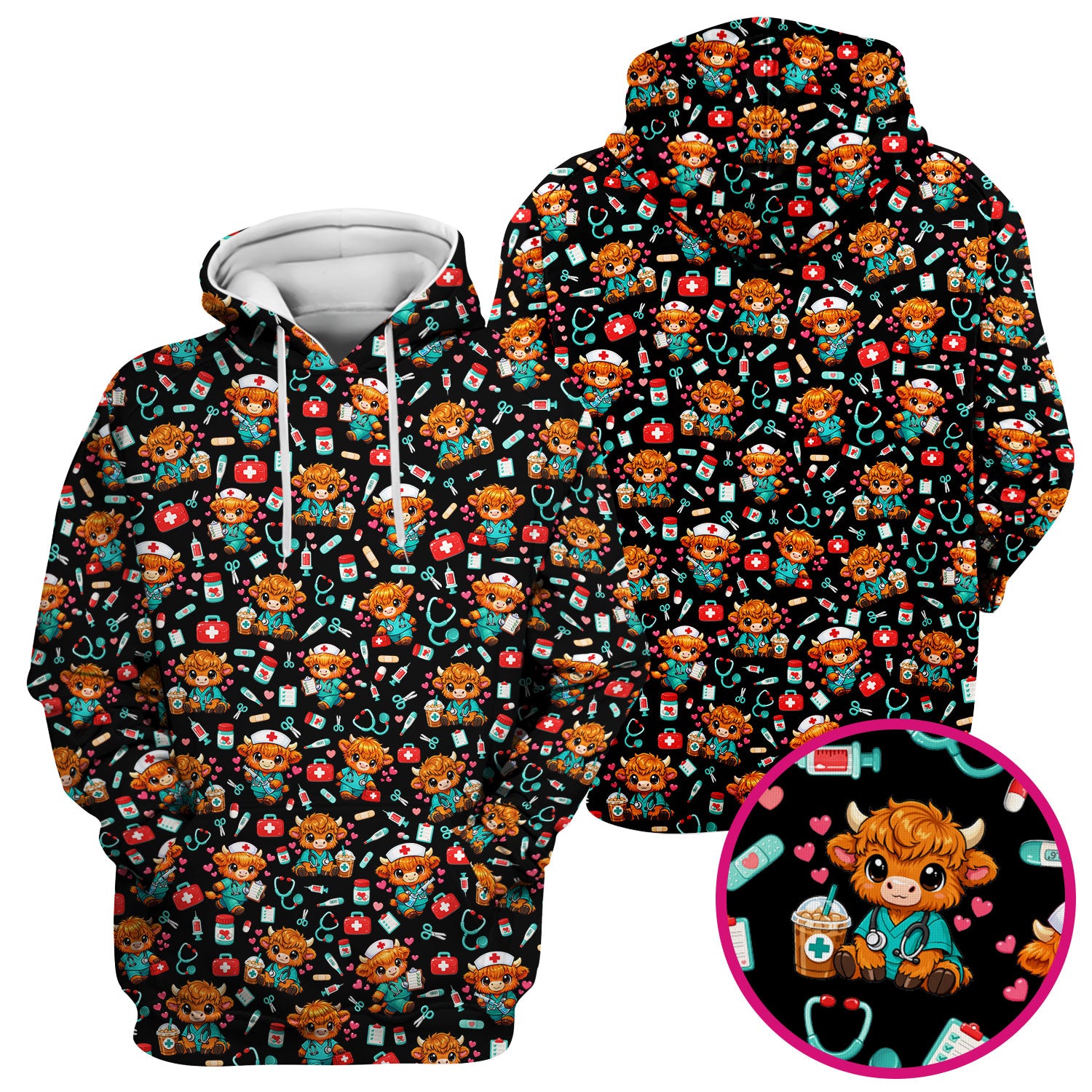Cute Highland Cow Nurse Scrub Top, Kawaii Medical Pattern Shirt, Breathable Fabrics Nursing Uniform
