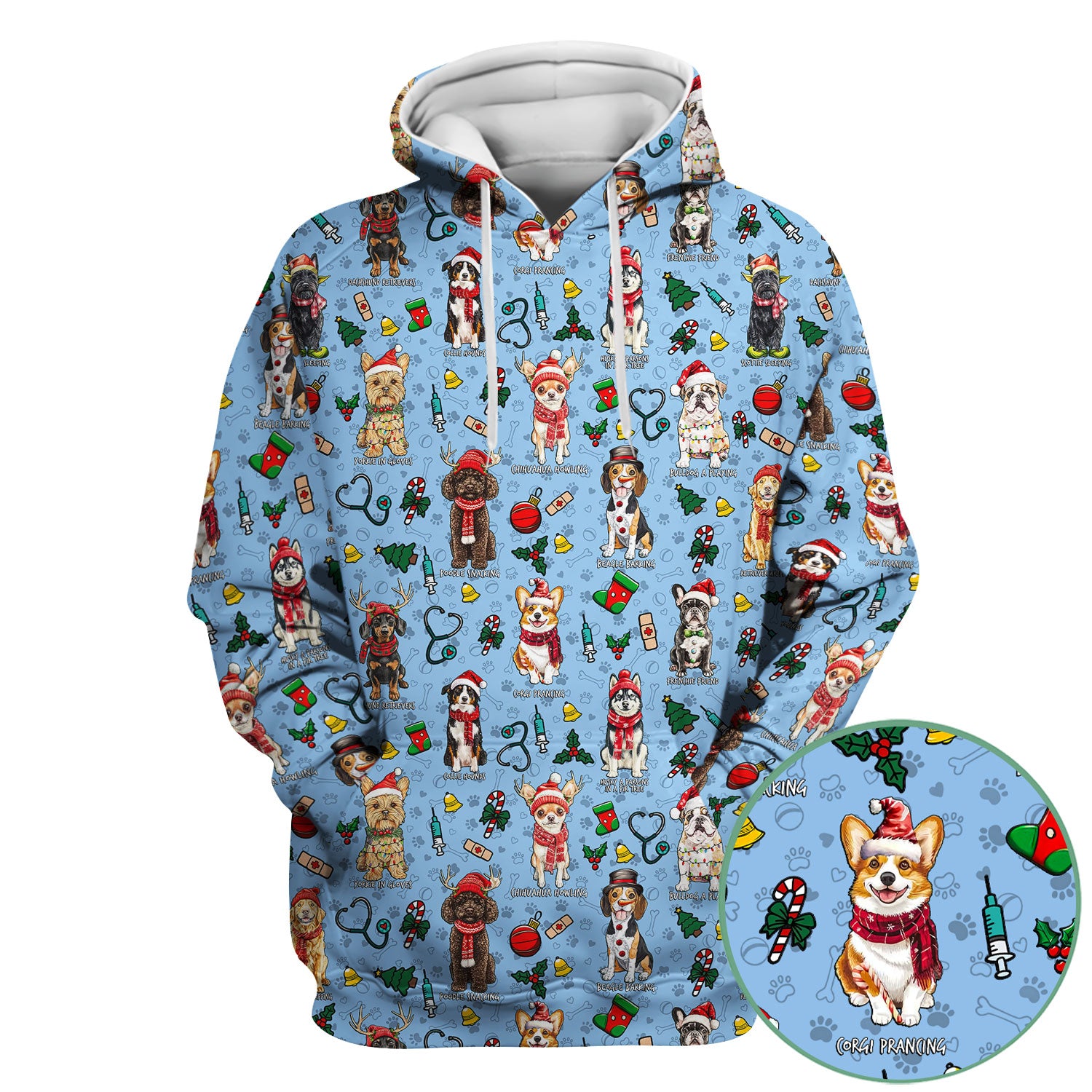 Christmas Dog Scrubs for Nurses – Dachshund, Husky, Poodle, Corgi & Labrador Holiday Scrub Top – Funny Santa Pattern Medical Shirt
