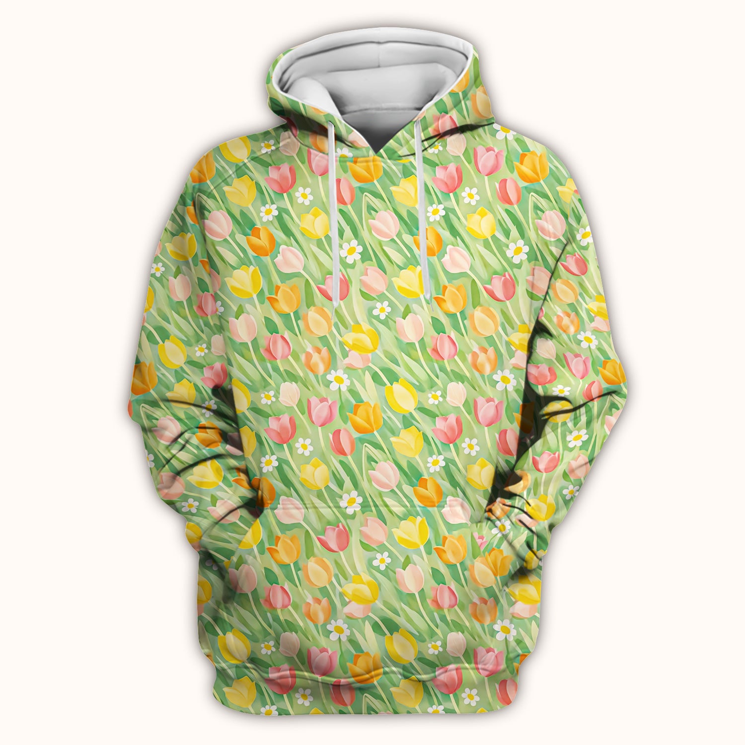 Cheerful Tulip Meadow Print Scrub Top, Breathable Fabrics Nursing Uniform