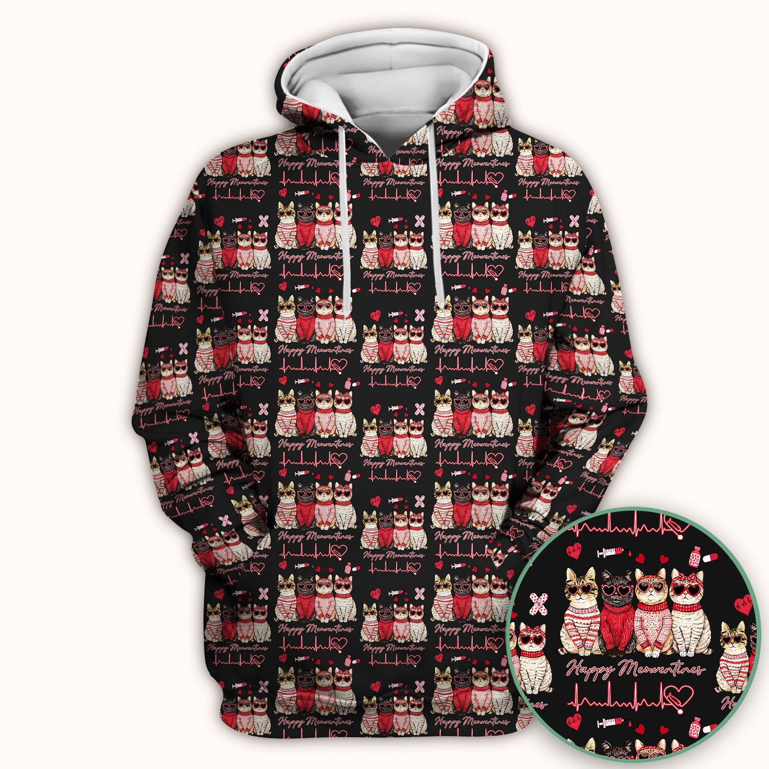 Happy Meowtines Cat Pattern Scrub Top, Valentine Cat Lover Nurse Scrub Shirt, Heartbeat Medical Pattern Nursing Uniform