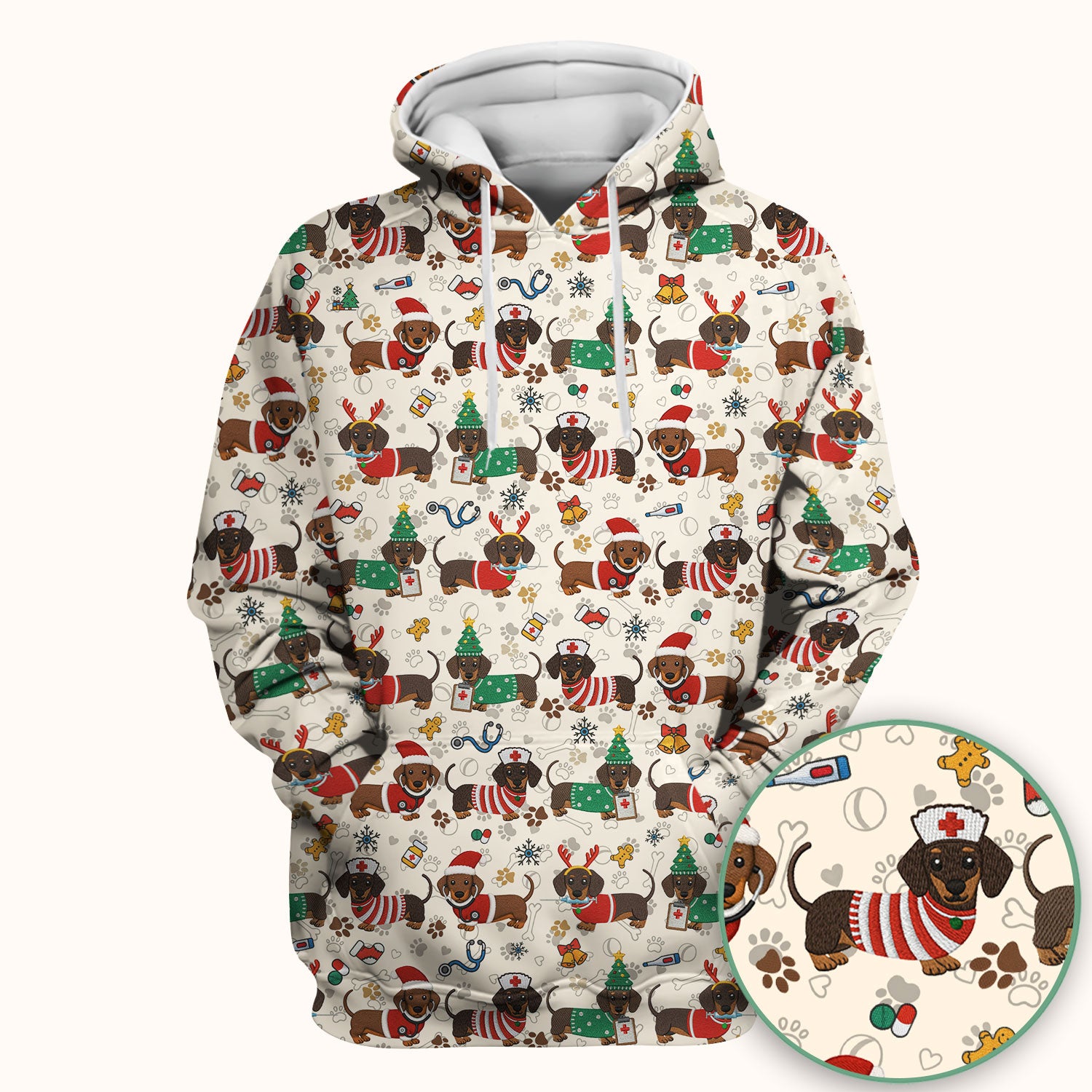 Christmas Dachshund Scrub Top for Nurses - Cute Wiener Dog Pattern Medical Shirt - Festive Holiday Scrubs Gift for Women RN CNA LPN