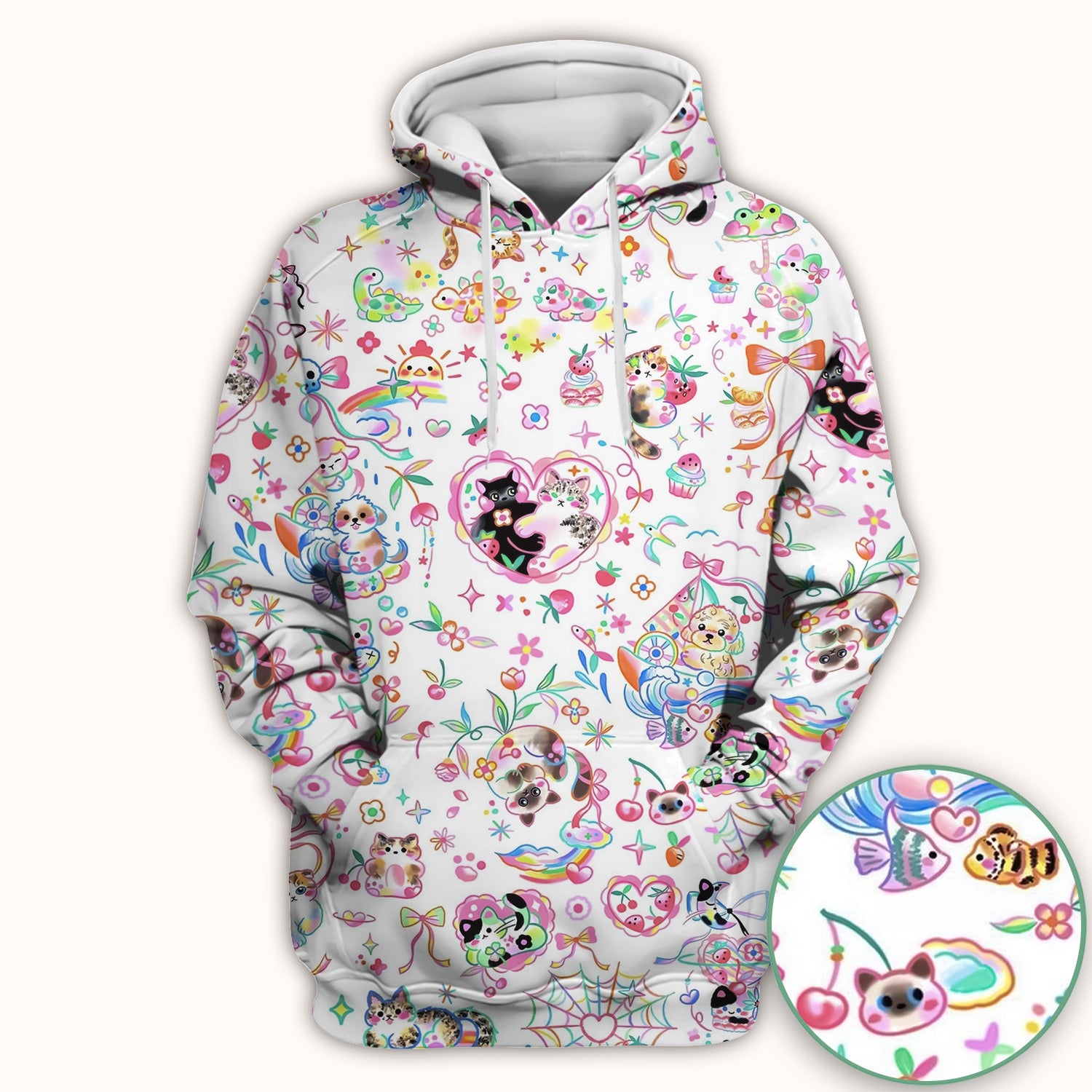 Cute Kawaii Animal Rainbow Heart Pattern Scrub Top, Comfortable Scrubs for Nurses