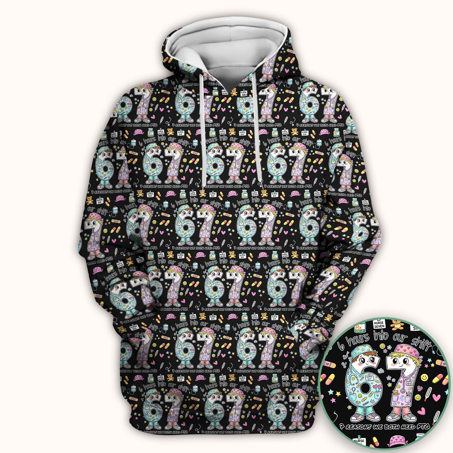 Cartoon Characters Six Hours Into Shift With Medical Doodle Scrub Top, Breathable Fabrics Nursing Uniform