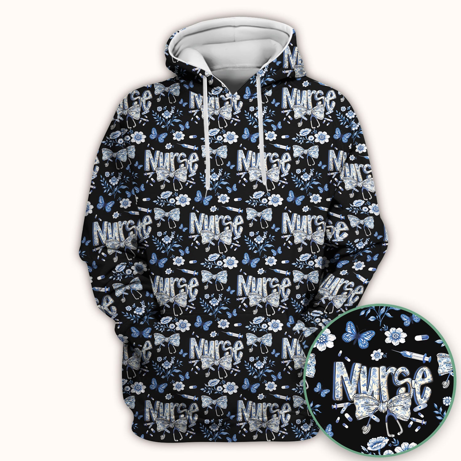Blue Nurse Letter Bow Butterfly Floral Print Scrub Top, Comfortable Scrubs for Nurses