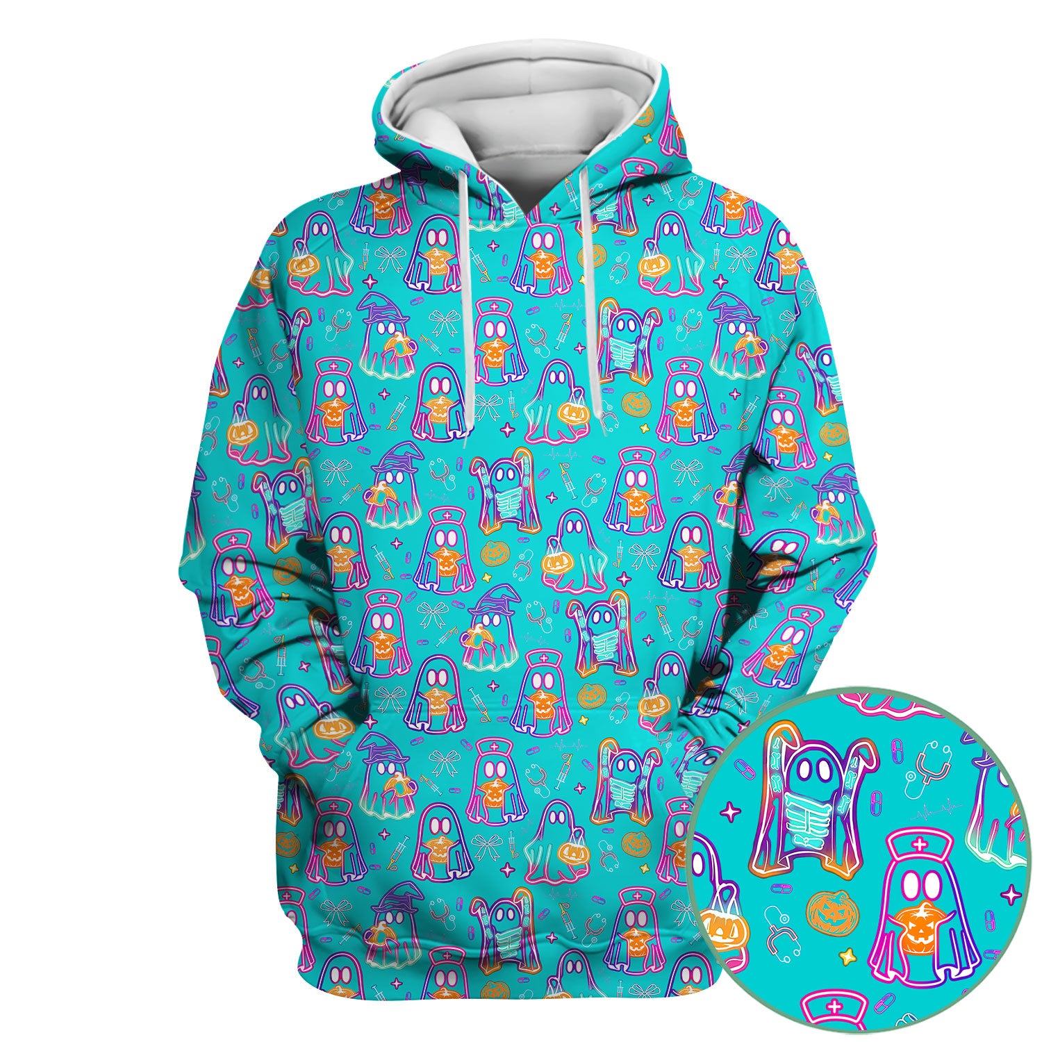 Halloween Nurse Scrub Top for Women - Cute Neon Ghost Medical Uniform - Funny Spooky Nursing Shirt RN CNA LPN Gift