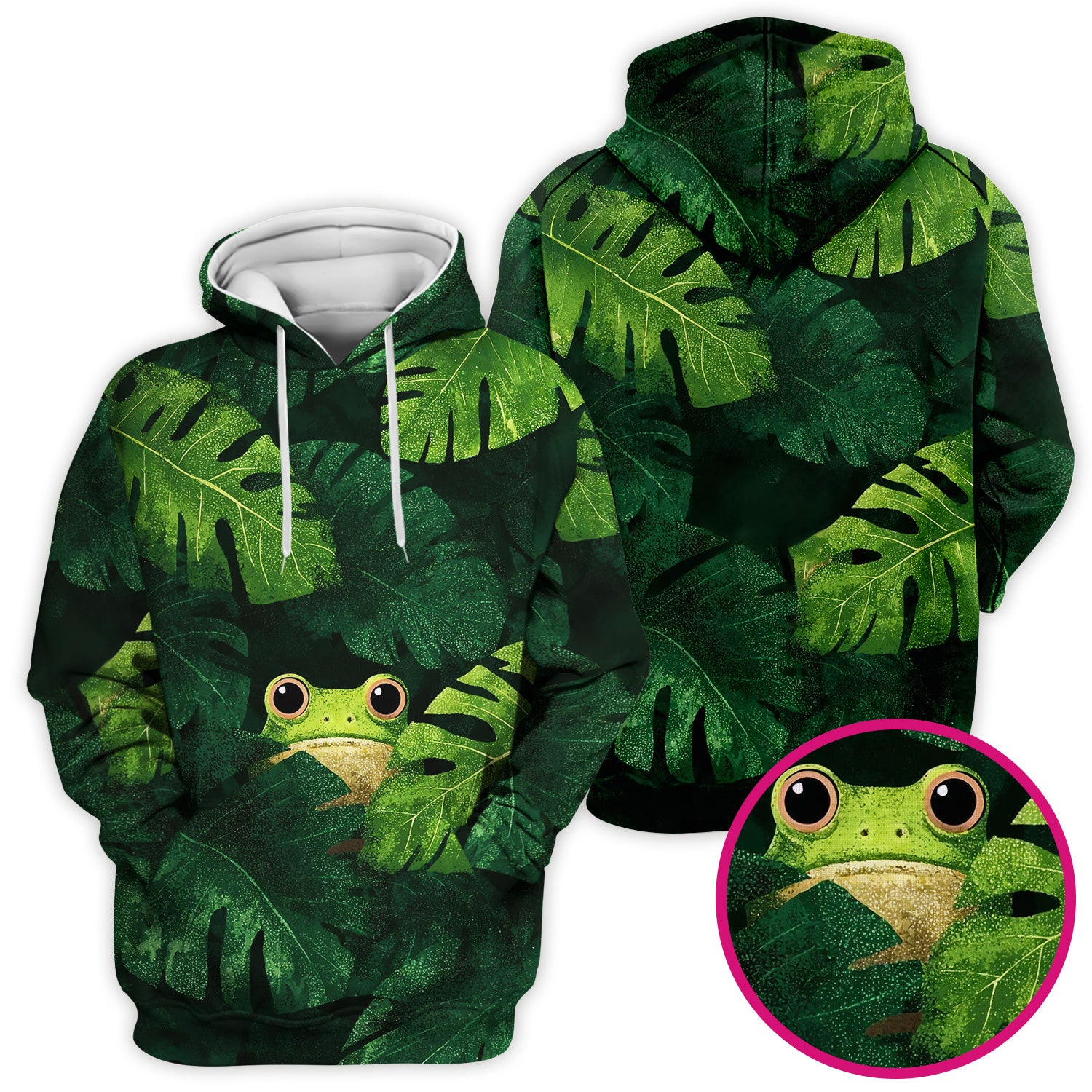 Cute Frog Hiding Jungle Leaves Pattern Nurse Scrub Top, Breathable Fabrics Nursing Uniform