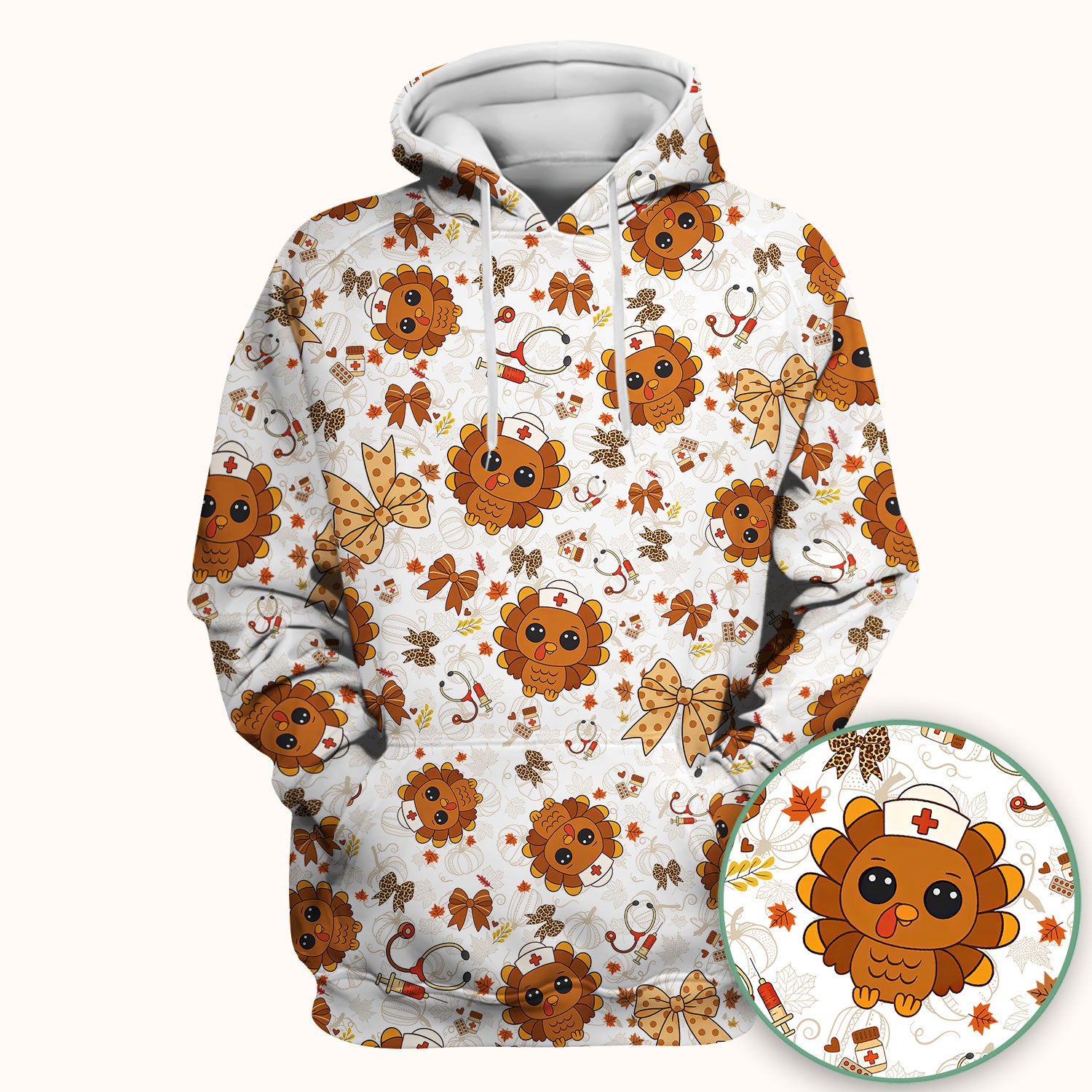 Thanksgiving Turkey Nurse Scrub Top for Women - Cute Fall Leaves and Bow Shirt - Autumn Medical Shirt Gift for RN CNA LPN Doctor