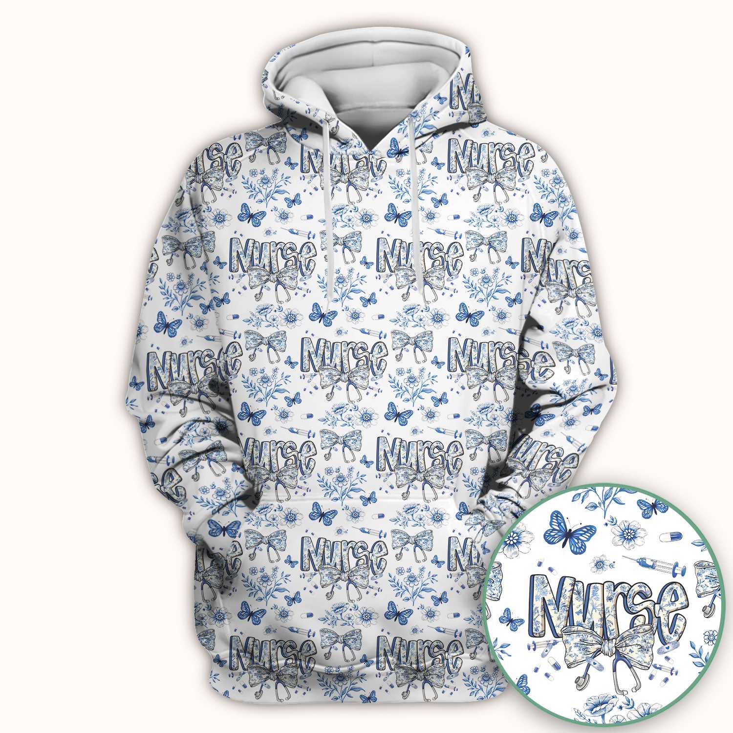Blue Nurse Letter Bow Butterfly Floral Print Scrub Top, Comfortable Scrubs for Nurses
