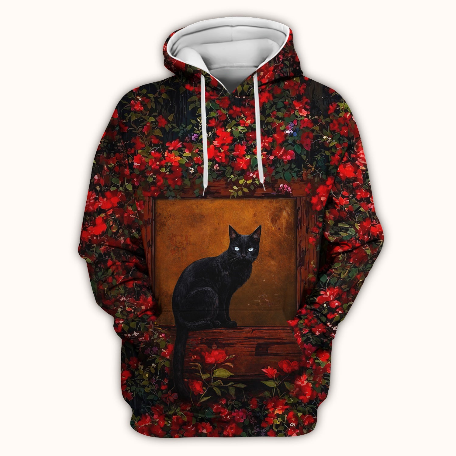 Black Cat Sitting By Red Floral Garden Window Scrub Top, Comfortable Scrubs for Nurses