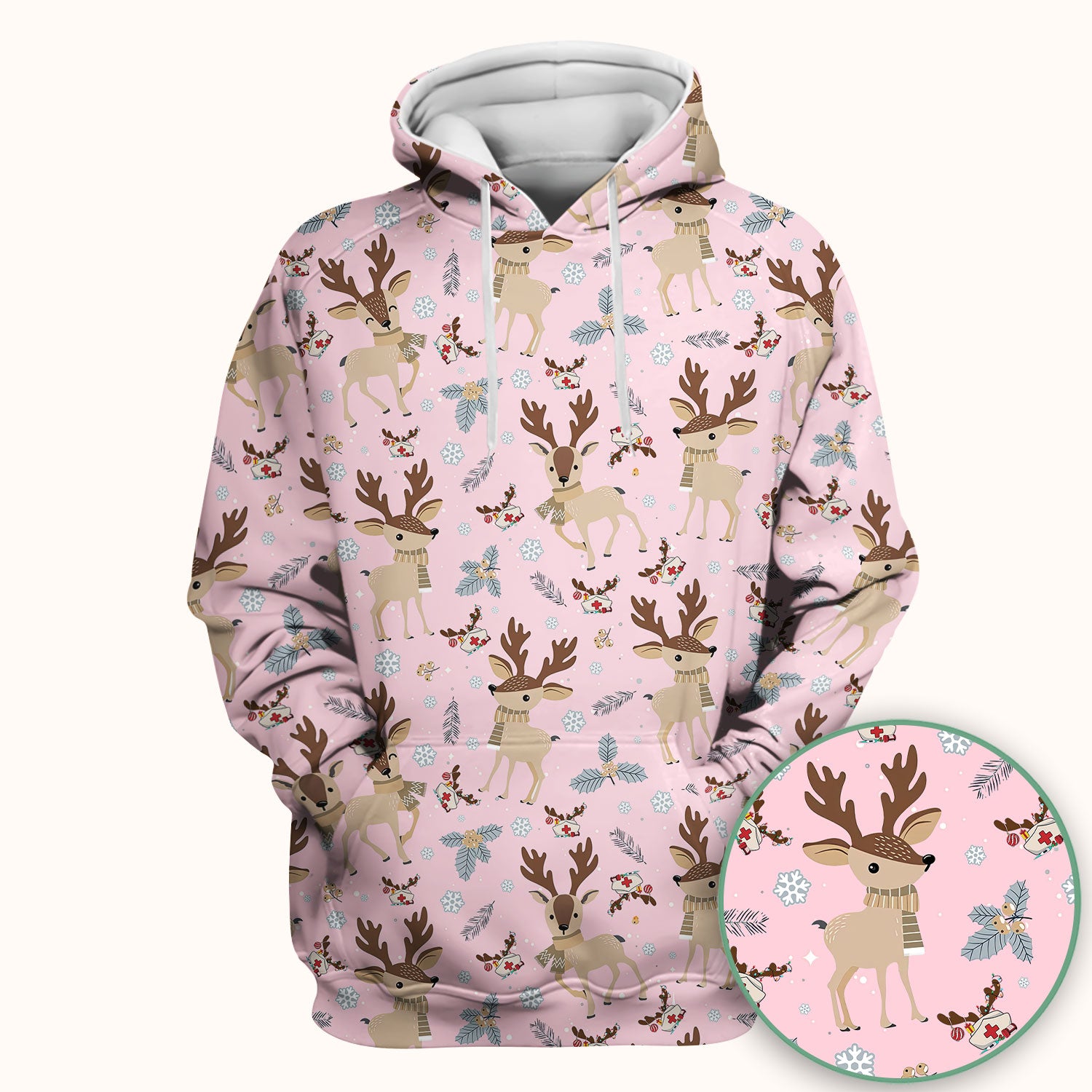 Reindeer Christmas Scrub Top - Cozy Beige Holiday Nurse Shirt with Cute Deer Pattern - Festive Medical Scrubs for Women RN CNA LPN