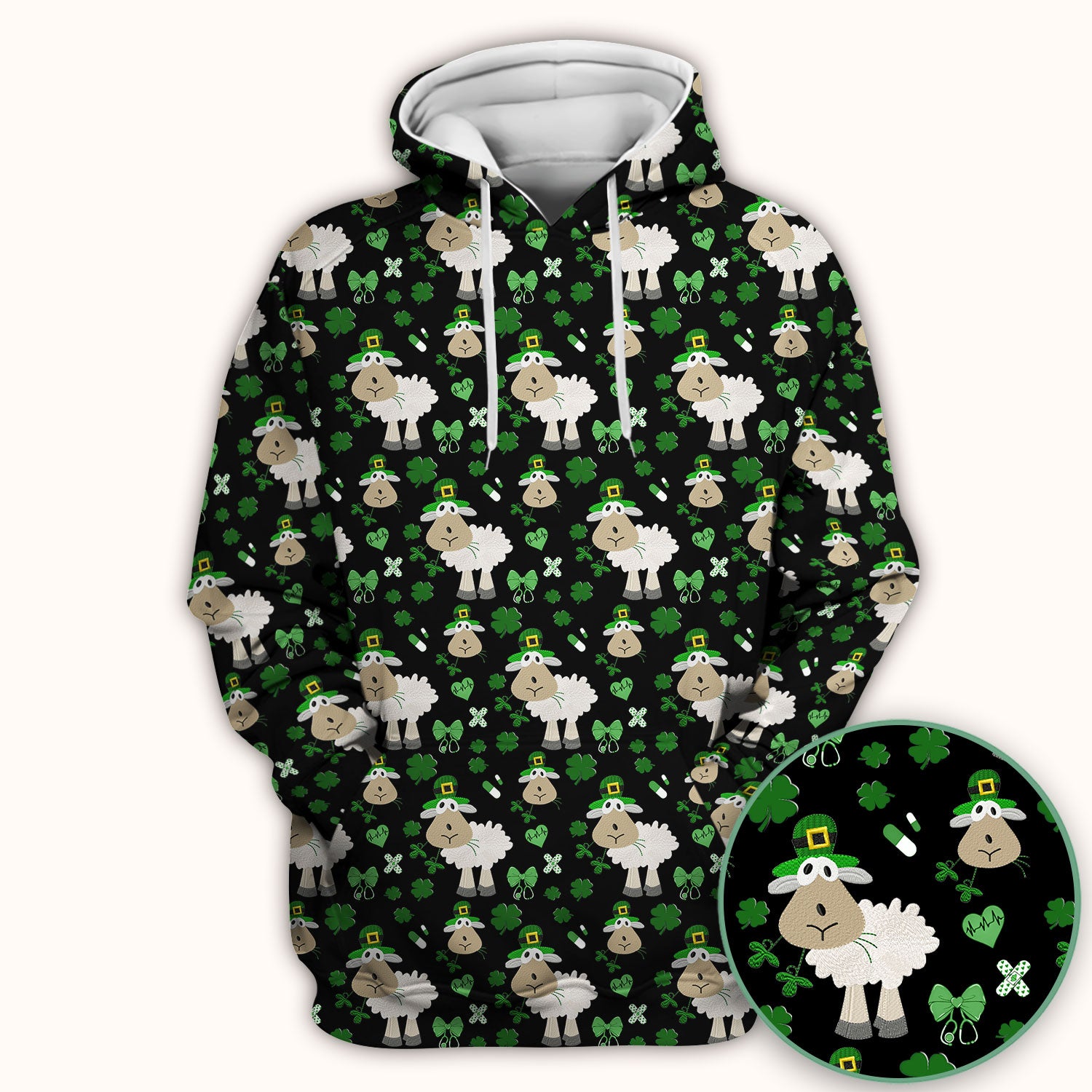 Nurse St. Patrick Scrubs Top, Cute Sheep Shamrock Pattern Nurse Shirt, Breathable Fabrics Nursing Uniform