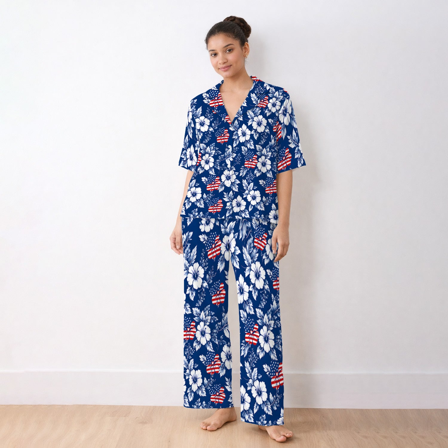 Patriotic Butterfly Floral Nurse for RN & CNA, American Flag Healthcare Workers Uniform Pajama Set, Soft Breathable Fabric Comfortable Sleepwear