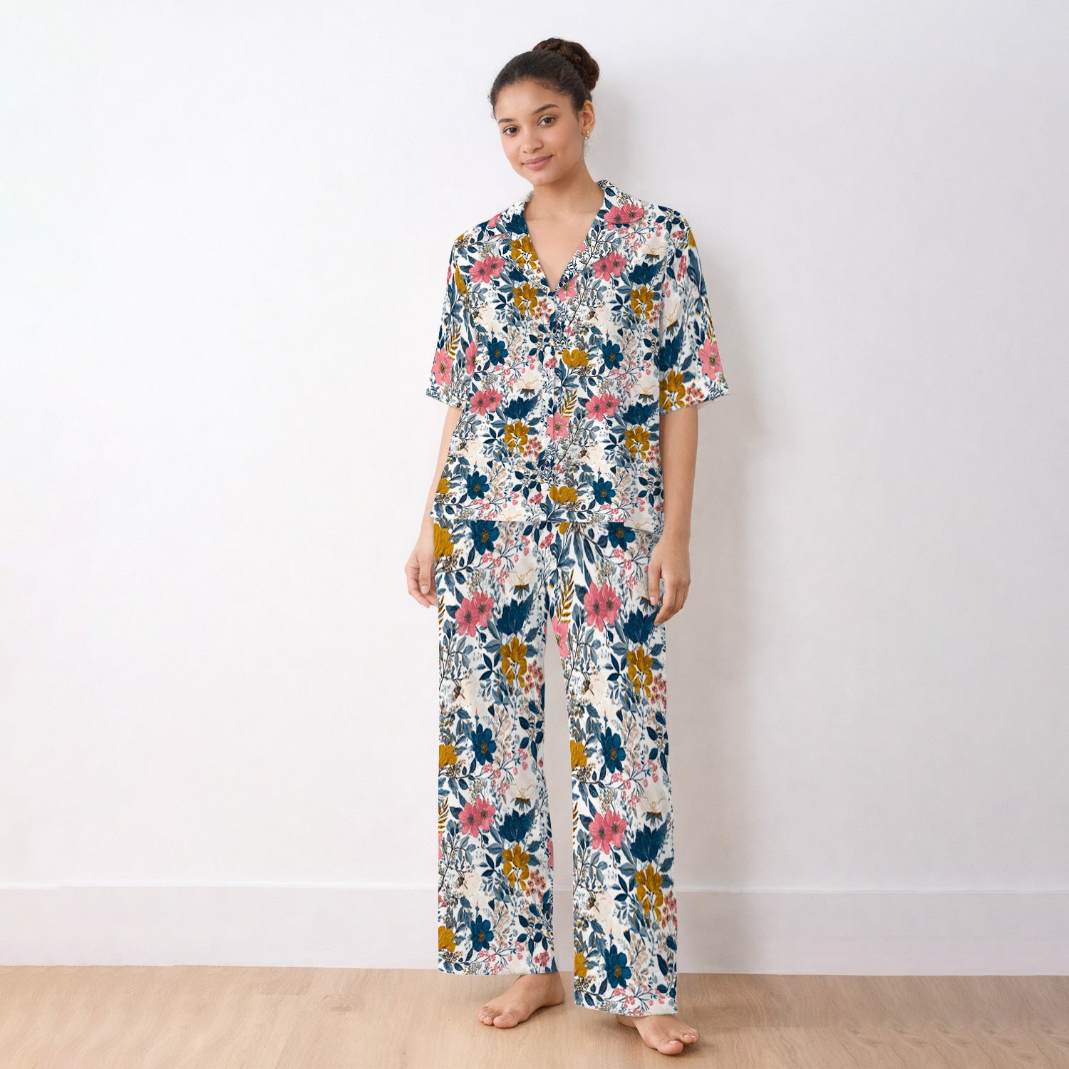 Elegant Floral Garden Bloom Pattern Pajama Set, Soft Breathable Fabric Comfortable Sleepwear