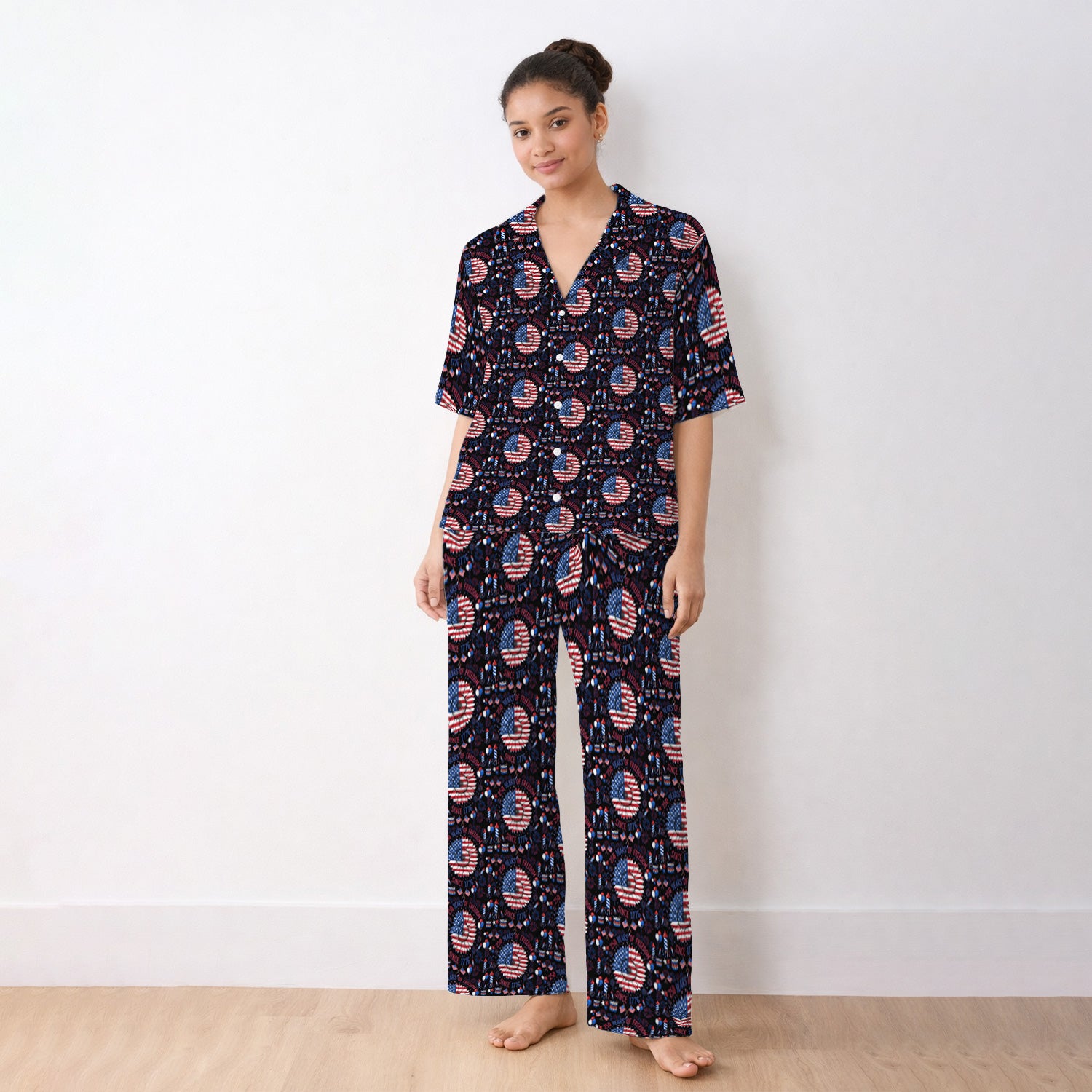 Festive Patriotic Sunflower American Flag Fireworks Pattern Pajama Set, Breathable Fabrics Uniform