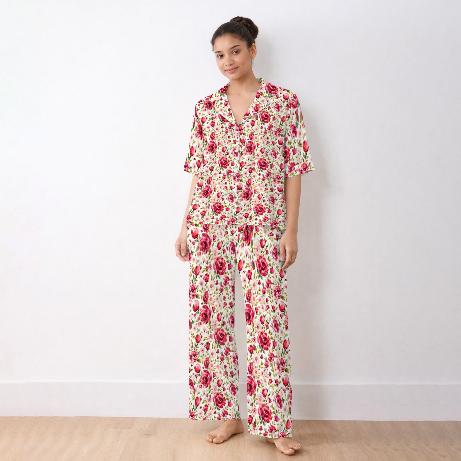 Pink Rose Ladybug Garden Pattern Pajama Set, Soft Breathable Fabric Comfortable Sleepwear