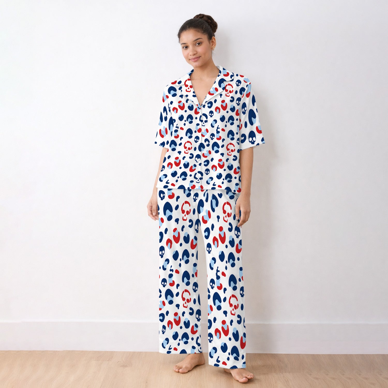 Red Blue Skull Leopard Pattern Pajama Set, Soft Breathable Fabric Comfortable Sleepwear