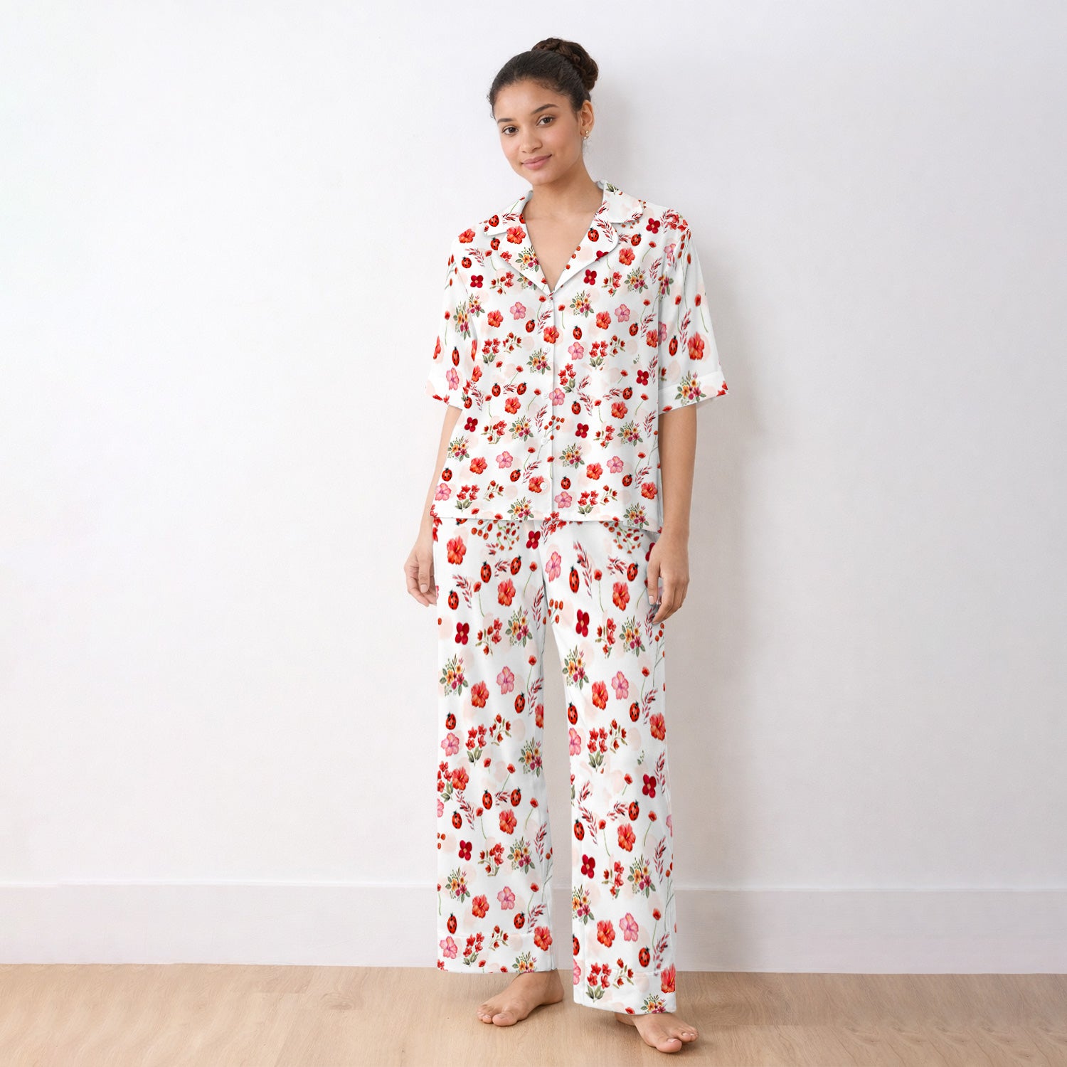 Red Ladybug Floral Garden Pattern Pajama Set, Breathable Fabrics Uniform