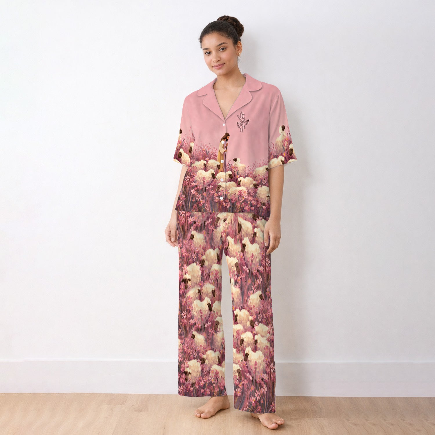 Christian Shepherd With Lambs Pattern Pajama Set, Soft Breathable Fabric Comfortable Sleepwear