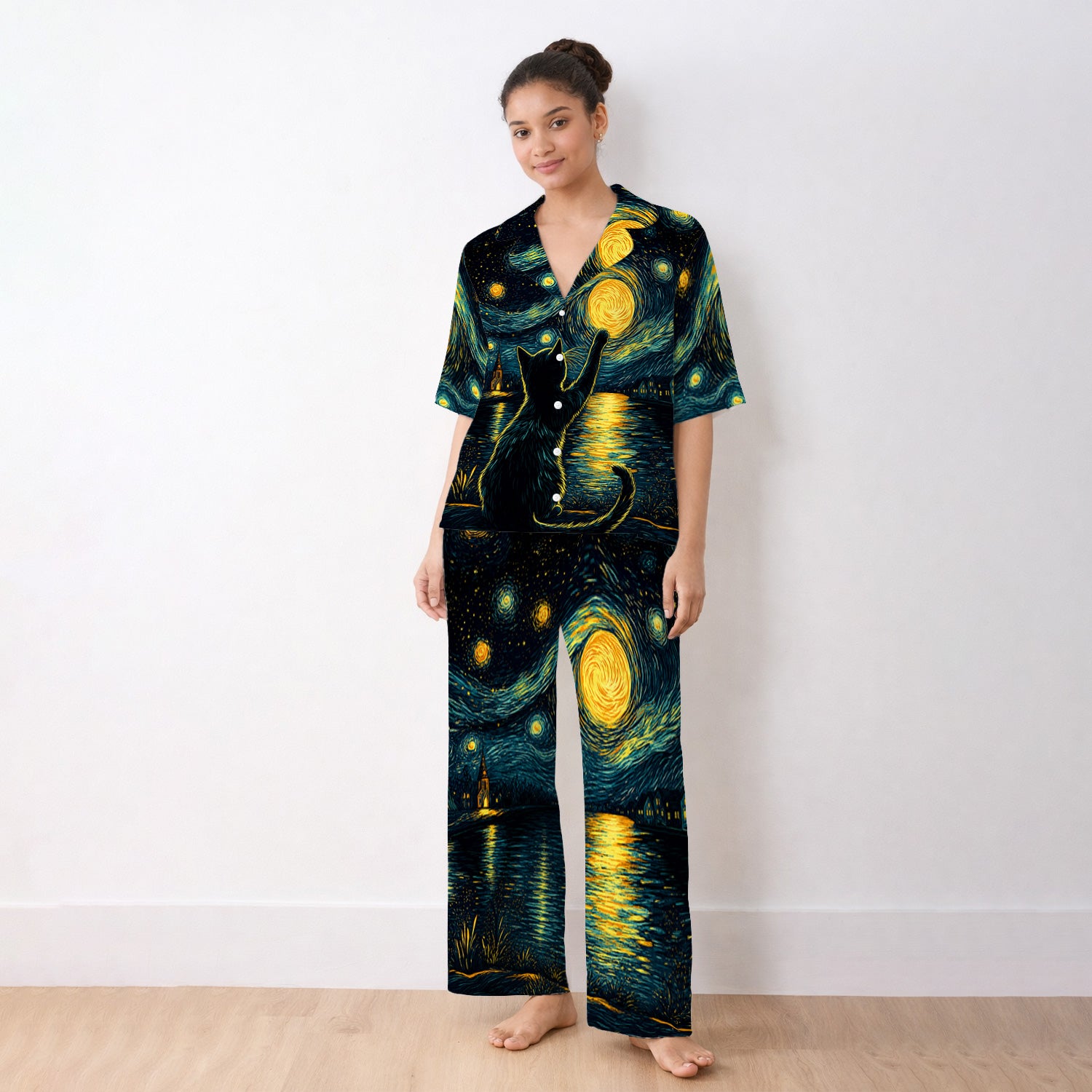 Starry Moonlit Black Cat Pajama Set, Soft Breathable Fabric Comfortable Sleepwear