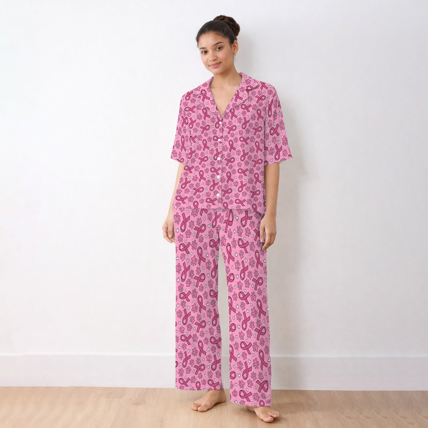 Pink Ribbon Paw Print Pajama Set, Soft Breathable Fabric Comfortable Sleepwear