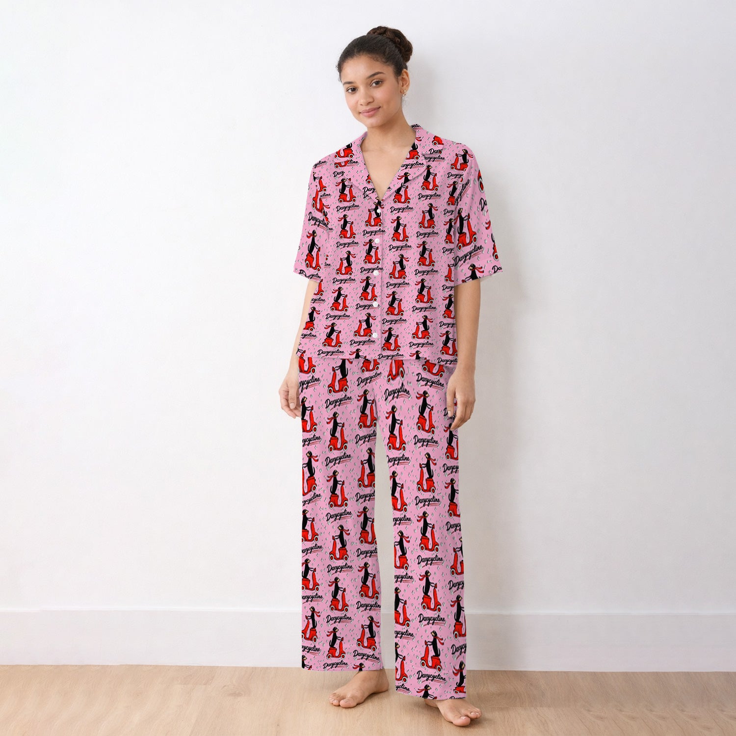 Funny Dachshund Riding Scooter Doxycycline Print Pajama Set, Breathable Fabrics Uniform
