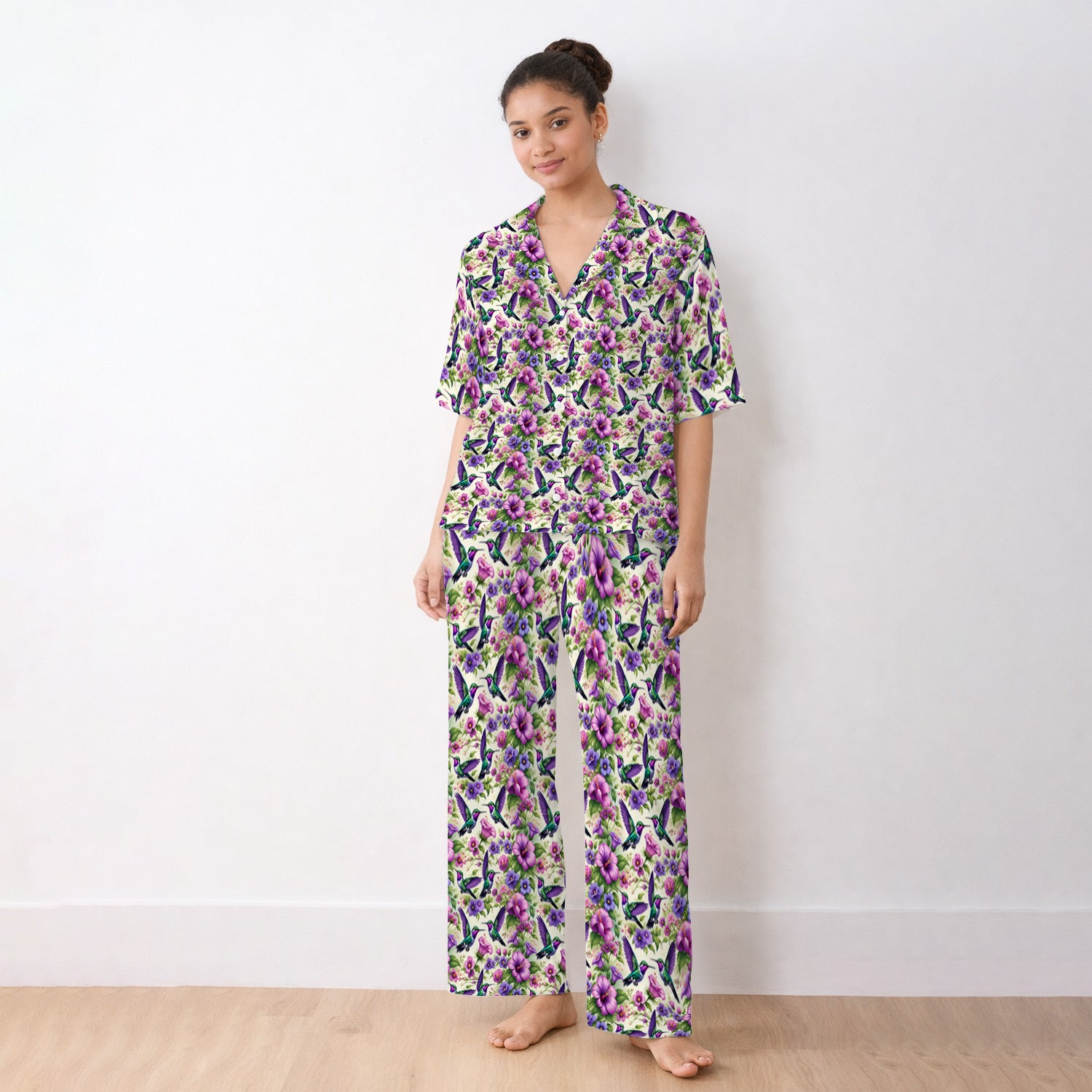 Purple Hummingbird Hibiscus Floral Pattern Pajama Set, Soft Breathable Fabric Comfortable Sleepwear