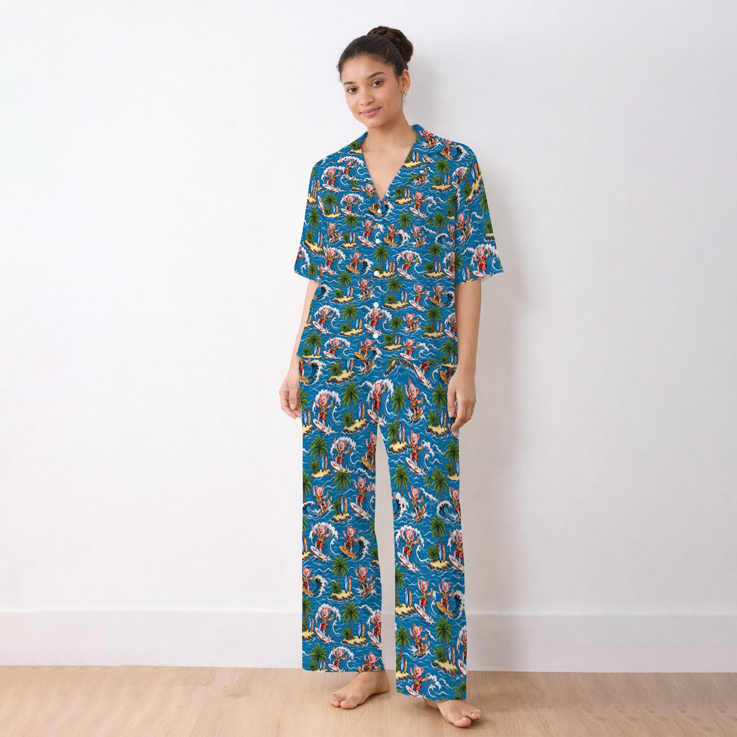 Tropical Surfing Pig Island Pattern Pajama Set, Soft Breathable Fabric Comfortable Sleepwear