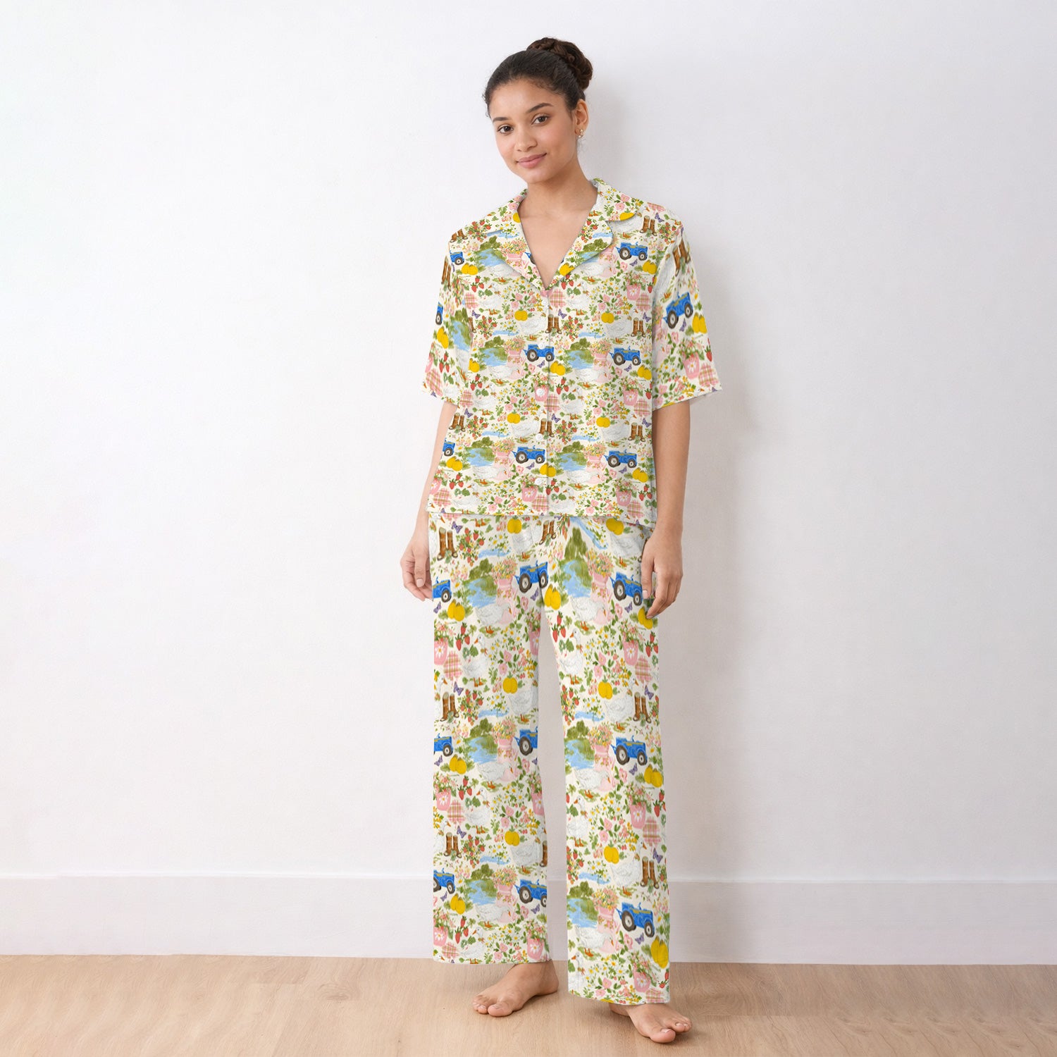 Floral and Duck Pattern Pajama Set, Breathable Fabrics Uniform