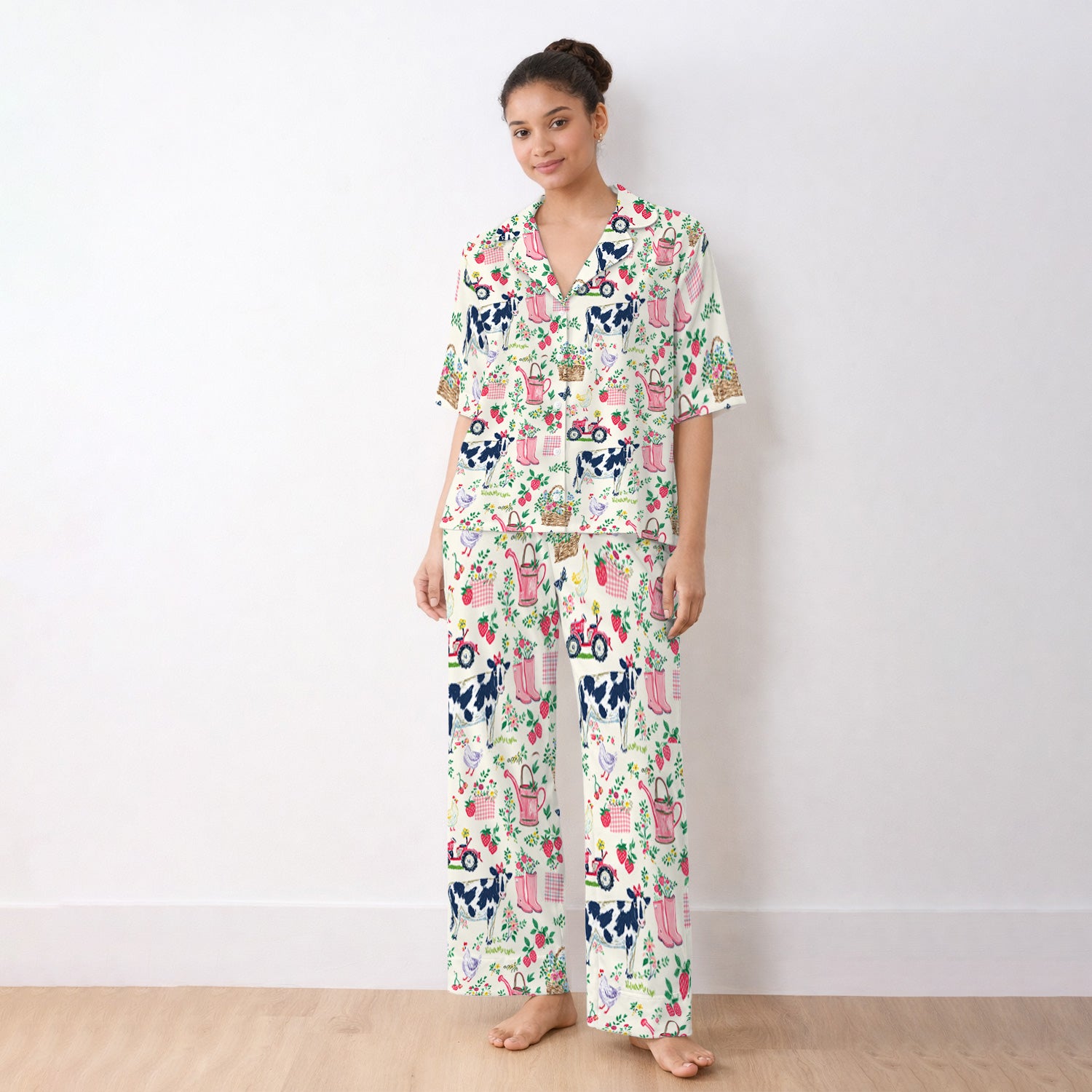 Strawberry Cow Country Style Pajama Set, Breathable Fabrics Uniform