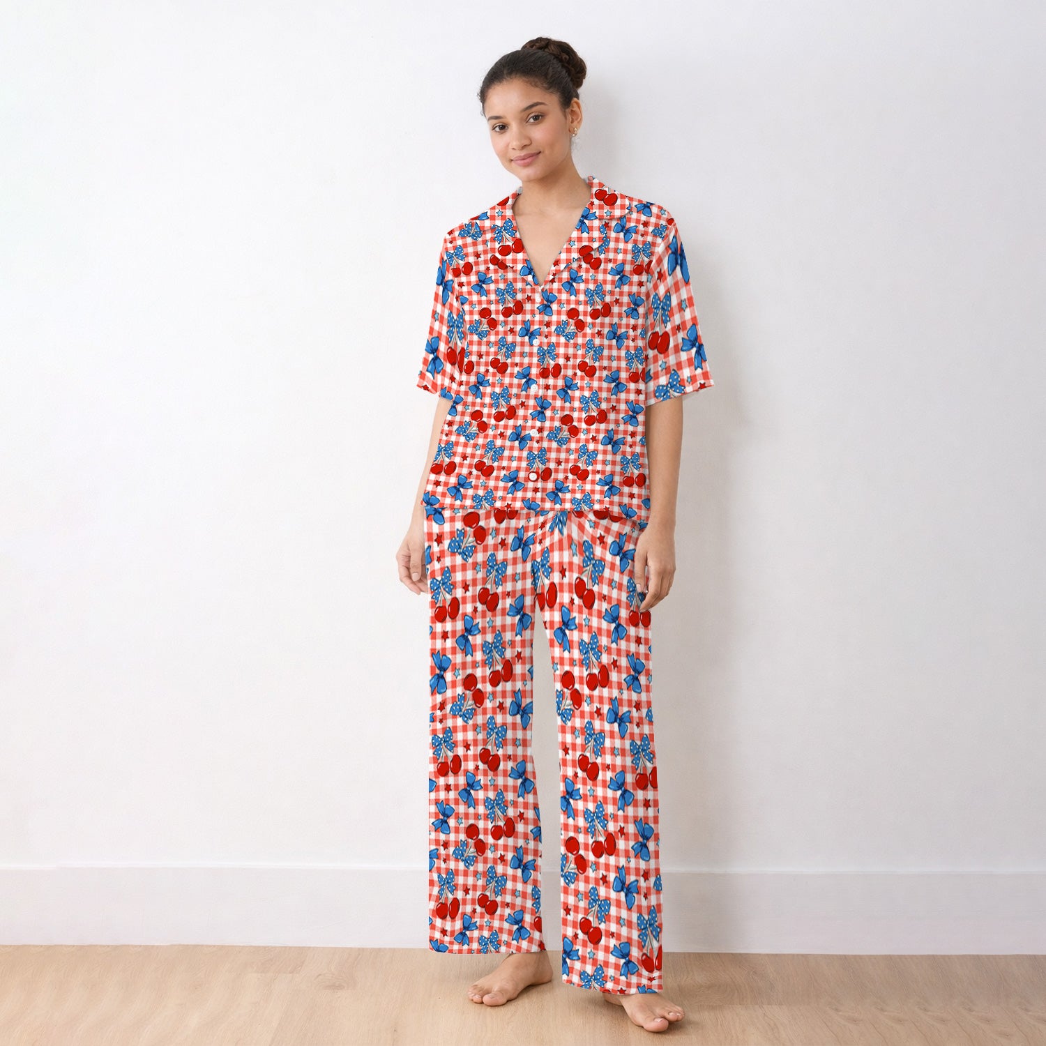 Cute Patriotic Cherry Bow Checkered Pattern Pajama Set, Soft Breathable Fabric Comfortable Sleepwear