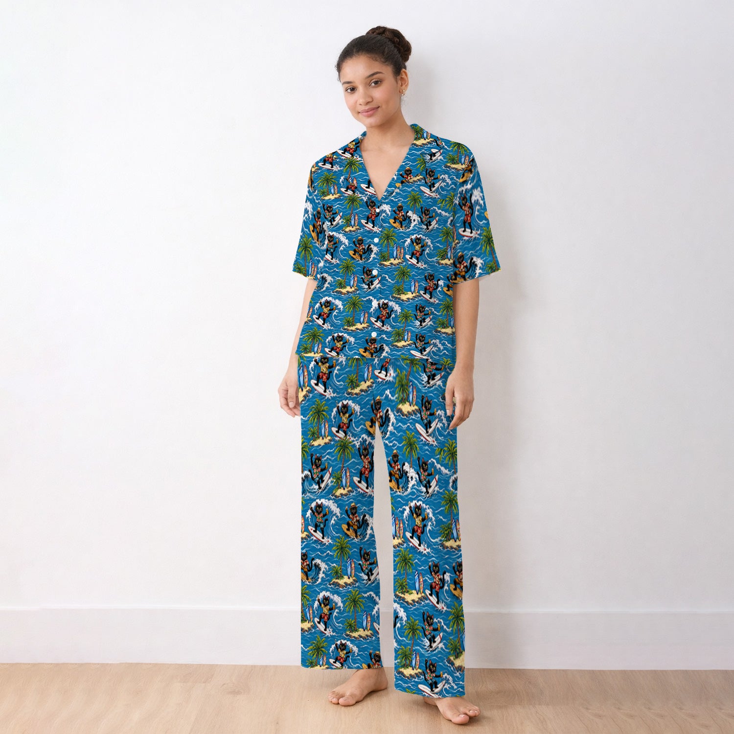 Tropical Black Cat Surfer Island Pattern Pajama Set, Soft Breathable Fabric Comfortable Sleepwear