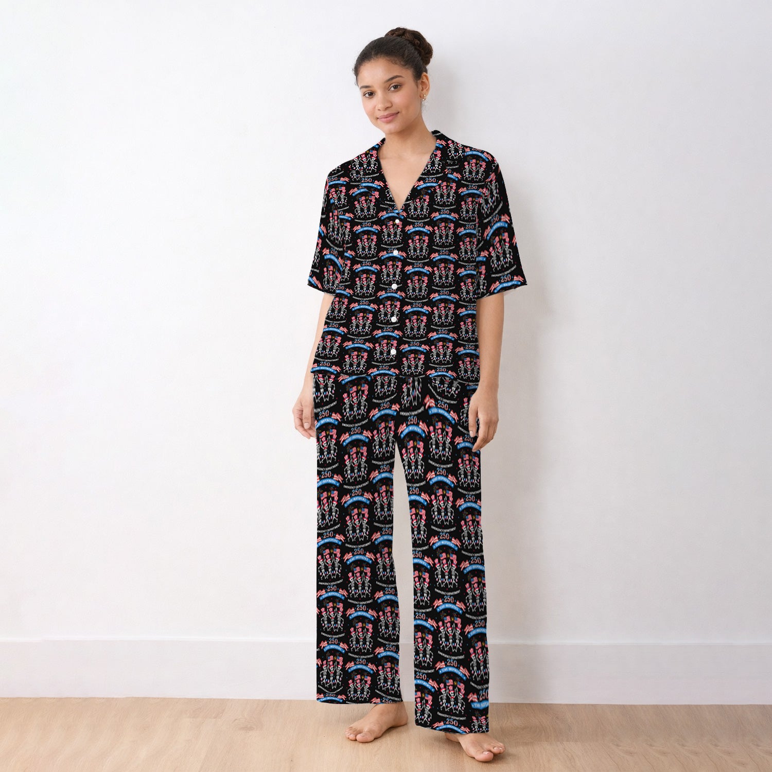 Patriotic Skeleton 250 Years ER Print Pajama Set, Breathable Fabrics Uniform