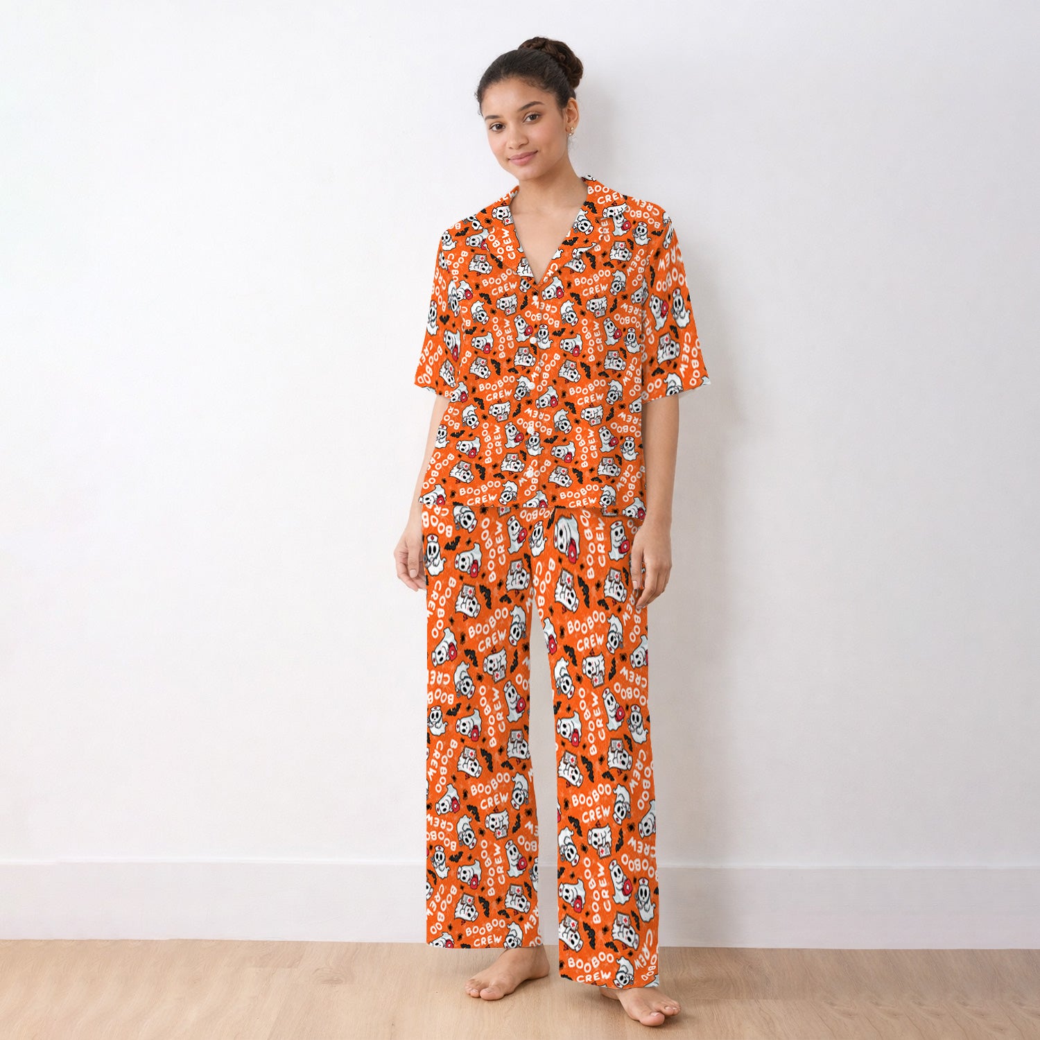 Cute Halloween Boo Boo Crew Ghost Pajama Set, Soft Breathable Fabric Comfortable Sleepwear