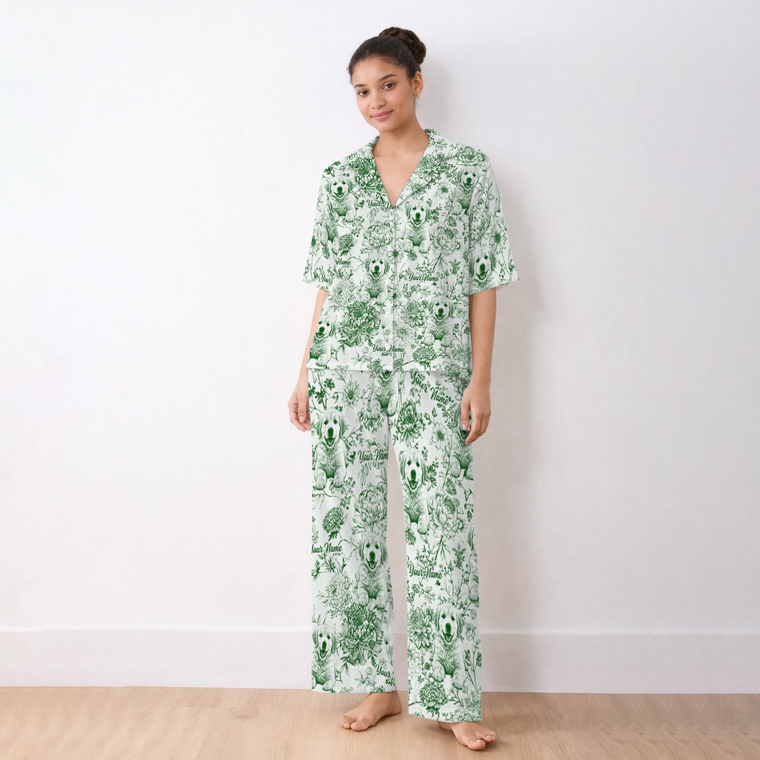 Personalized Custom Pet Photo Name Floral Pattern Pajama Set, Soft Breathable Fabric Comfortable Sleepwear