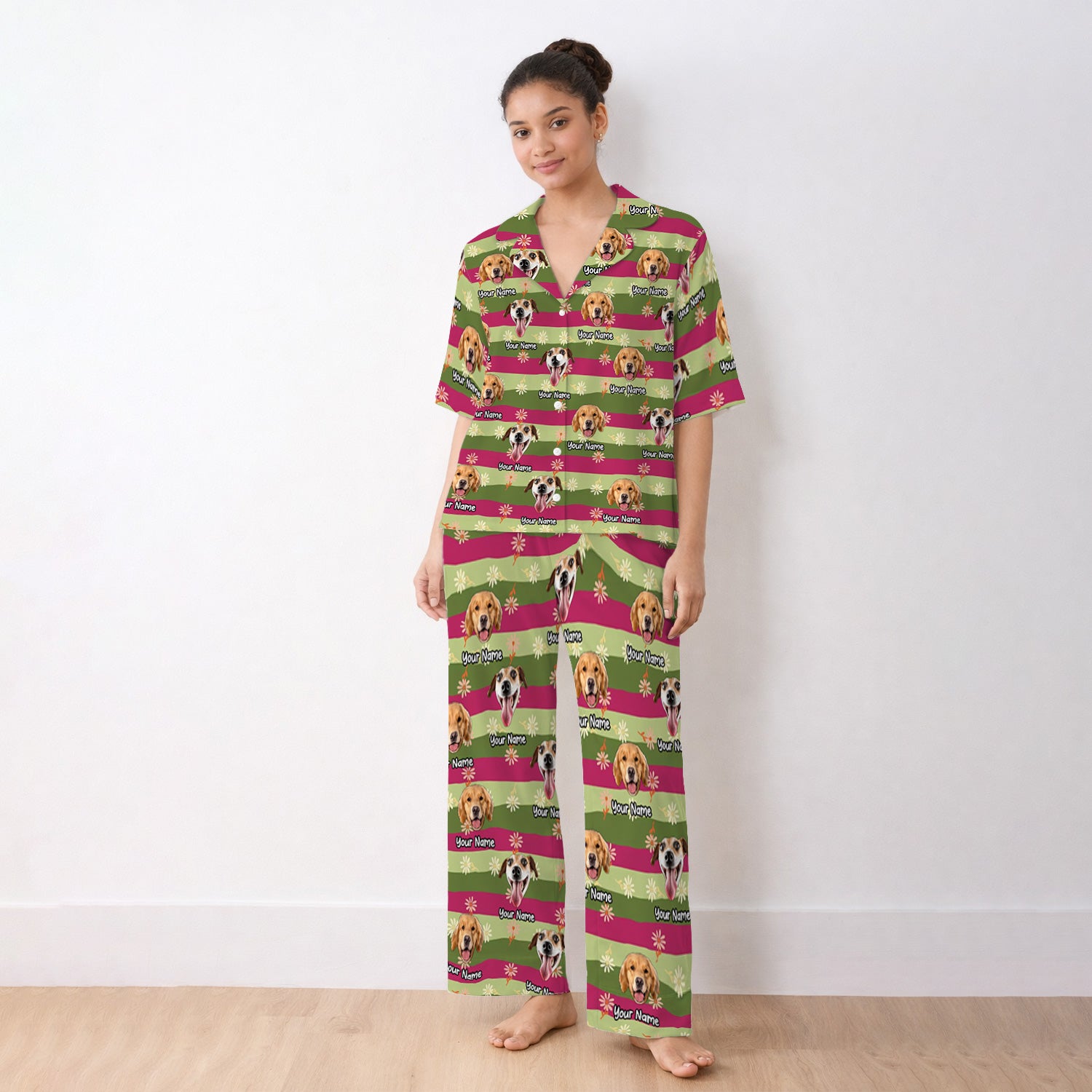 Personalized Floral Dog Portrait With Spring Stripes Pattern Pajama Set, Soft Breathable Fabric Comfortable Sleepwear