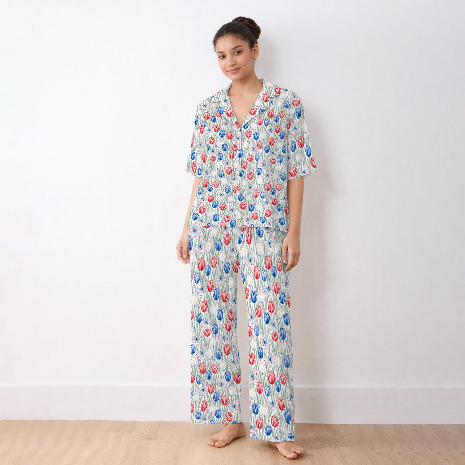 Patriotic Tulip Butterfly Nurse for RN, CNA, Healthcare Workers Pajama Set, Soft Breathable Fabric Comfortable Sleepwear