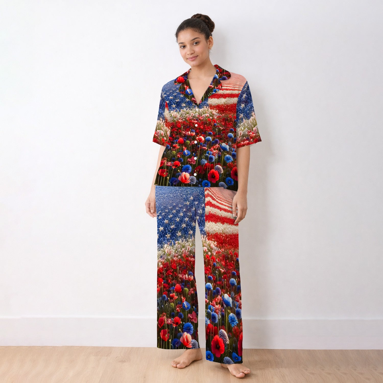 Festive Nurse American Flag Wildflower Field Pajama Set, Breathable Fabrics Uniform