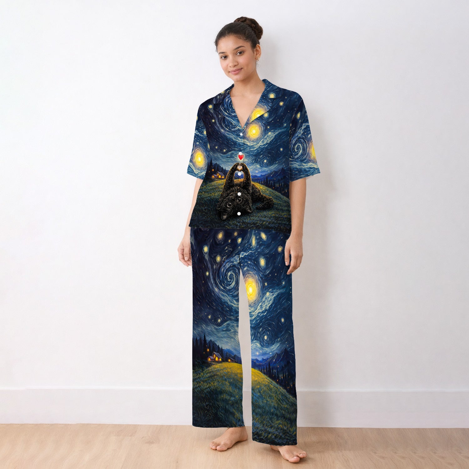 Starry Night Black Cat Heart Art  Pajama Set, Breathable Fabrics Uniform