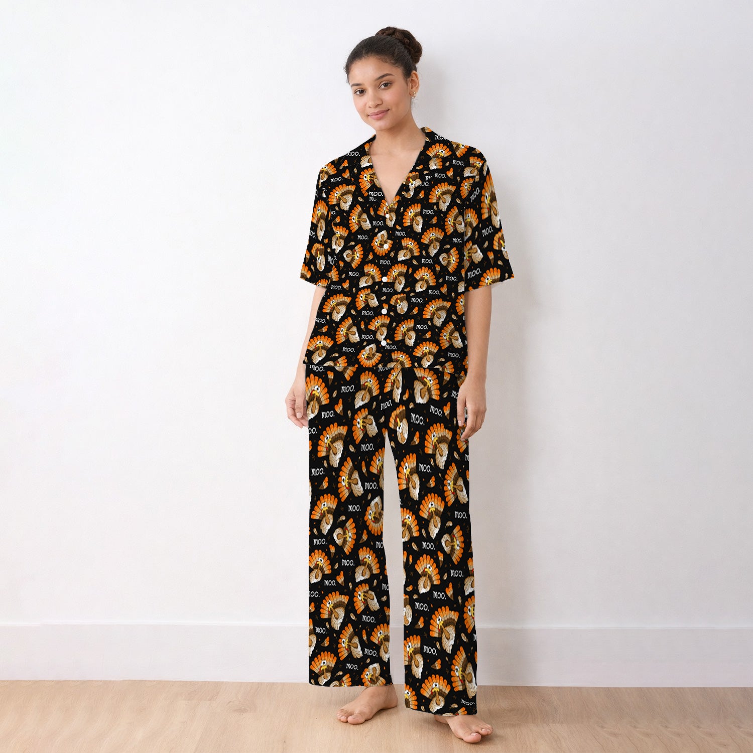 Funny Thanksgiving Moo Turkey Pajama Set, Soft Breathable Fabric Comfortable Sleepwear