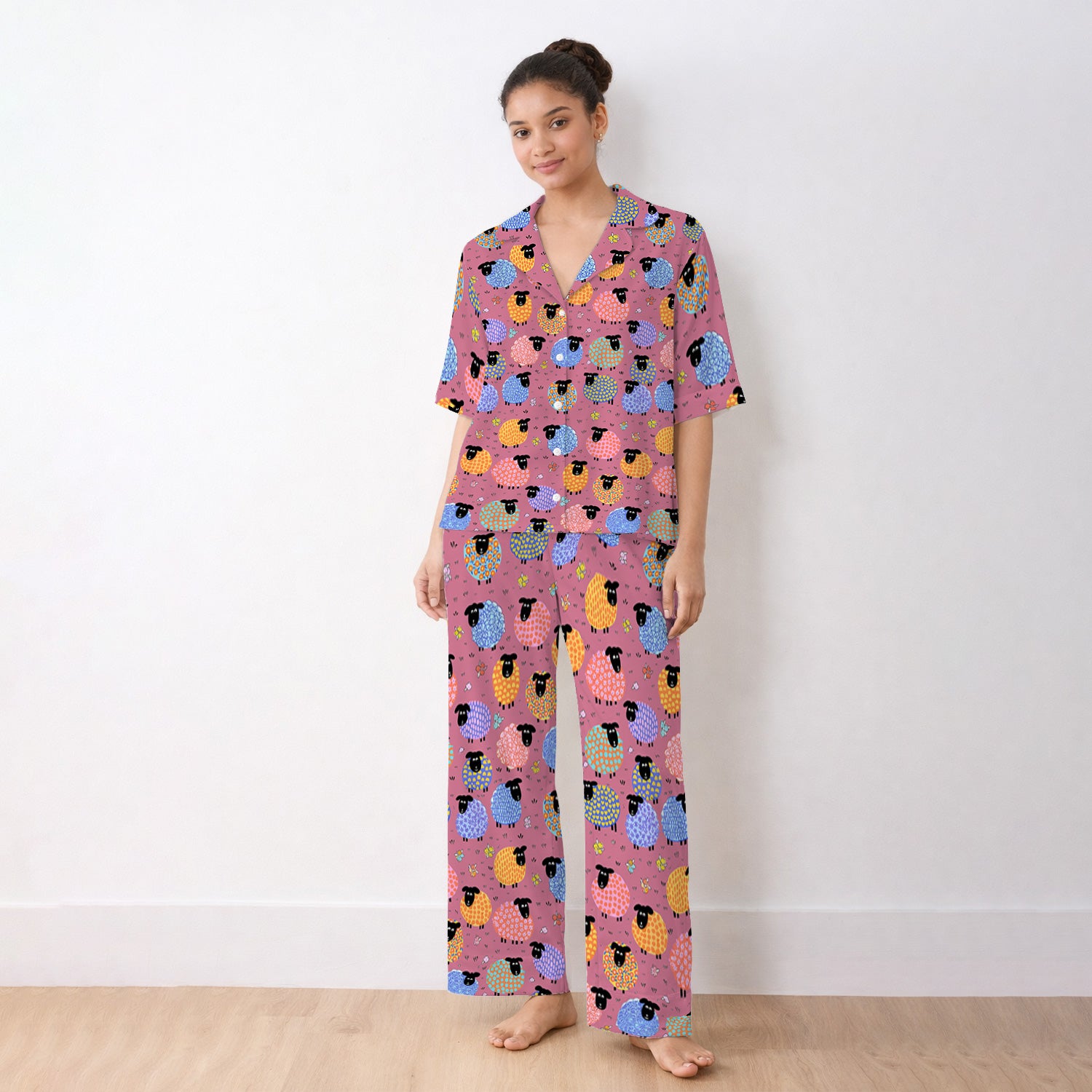 Funny Colorful Sheep Pattern Pajama Set, Breathable Fabrics Uniform