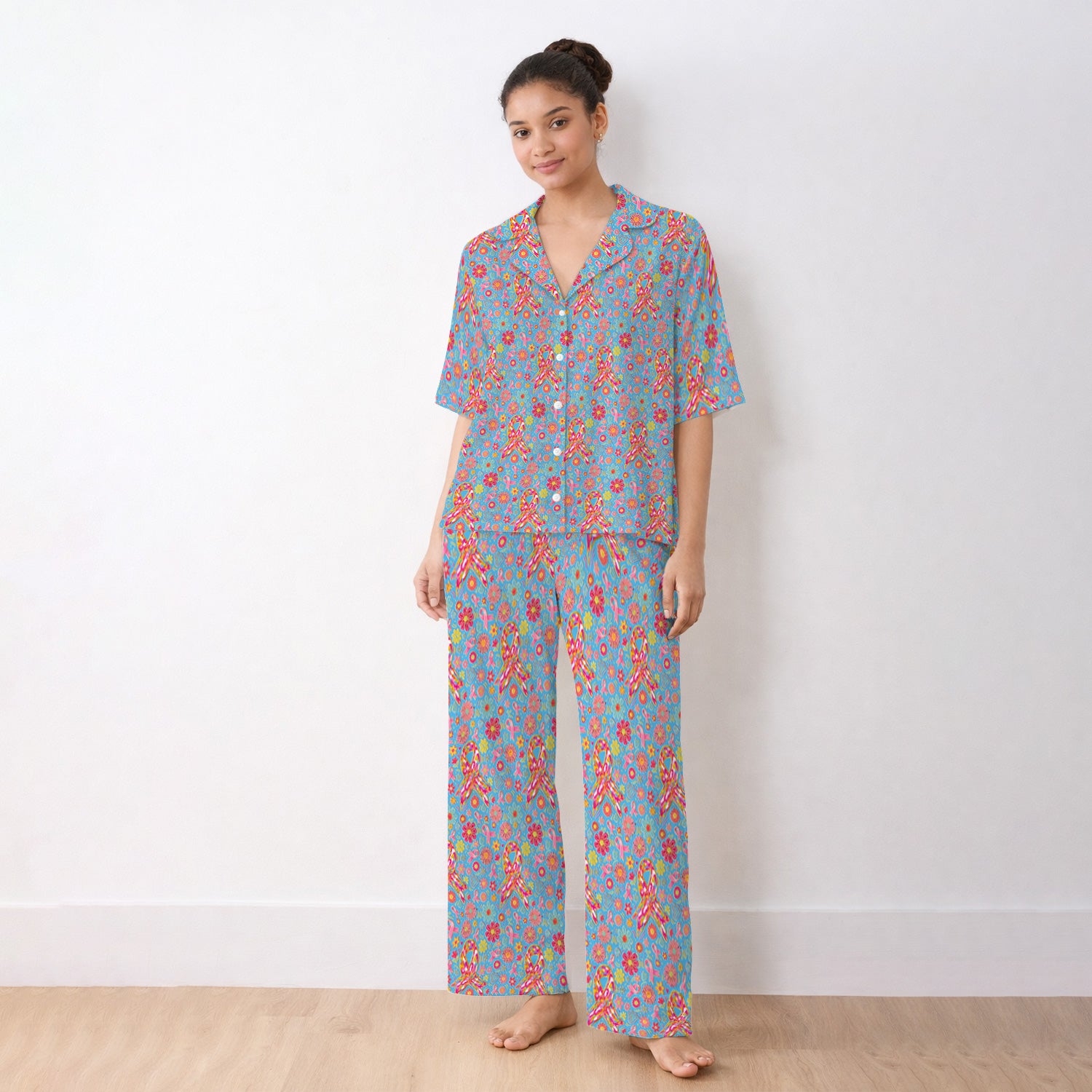 Colorful Pink Ribbon Floral Pajama Set, Soft Breathable Fabric Comfortable Sleepwear
