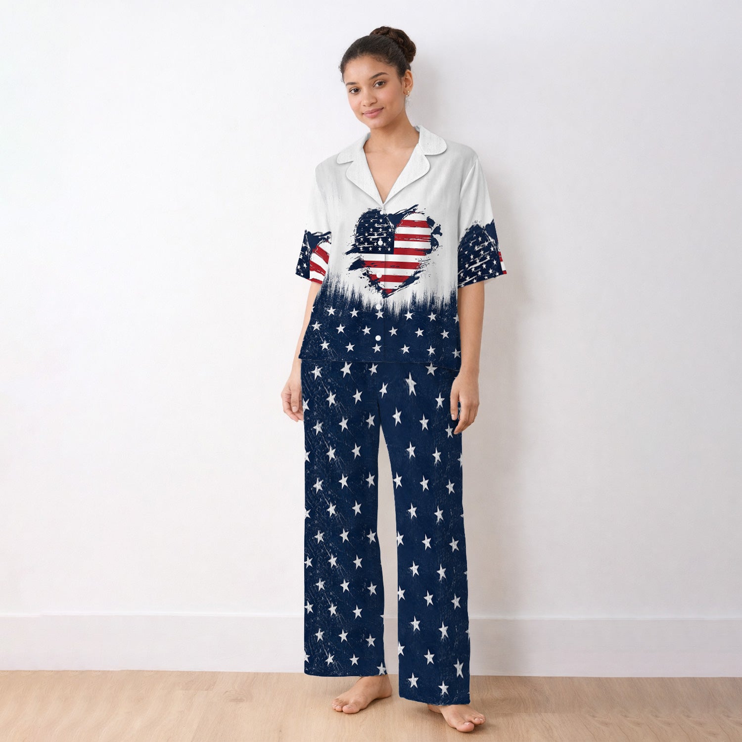 Patriotic Nurse Adorable Scrub Top USA Heart Pattern Pajama Set, Soft Breathable Fabric Comfortable Sleepwear