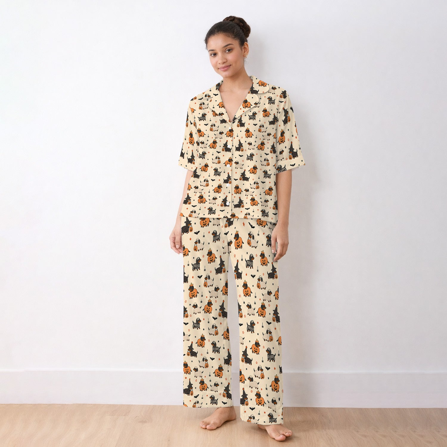 Halloween Dachshund Pattern Pajama Set, Soft Breathable Fabric Comfortable Sleepwear