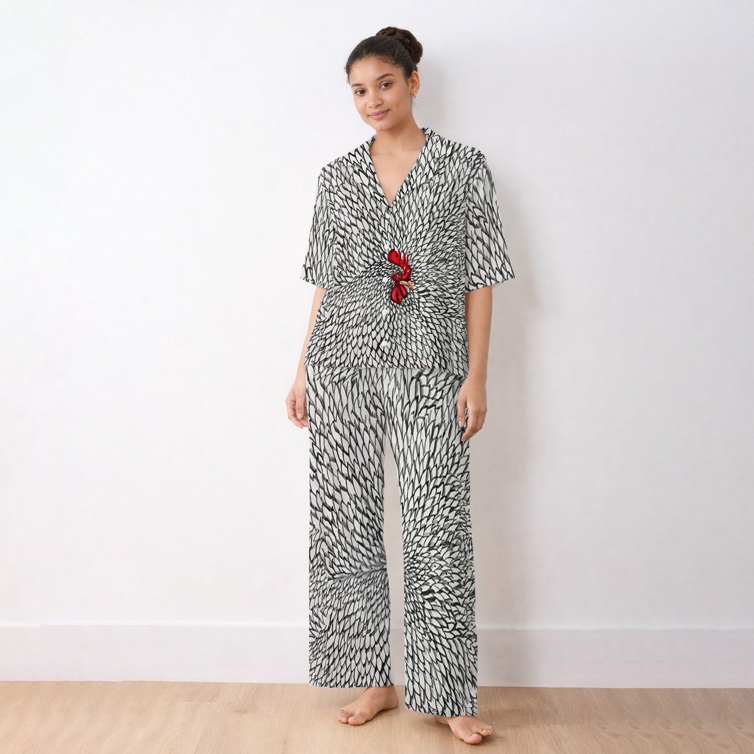 Watercolor Rooster Feather Pattern Pajama Set, Soft Breathable Fabric Comfortable Sleepwear